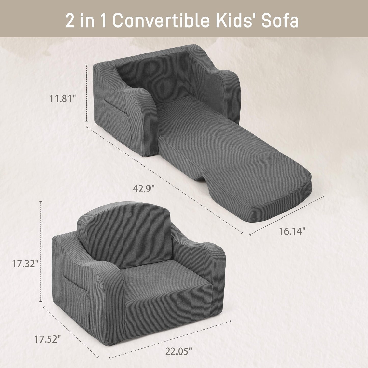 aodisman 2-in-1 Kids Chair and Couch, Thick Cozy Corduroy Kids Sofa, Convertible Foam Seating for Reading, Playing, Removable Washable Cover,Grey
