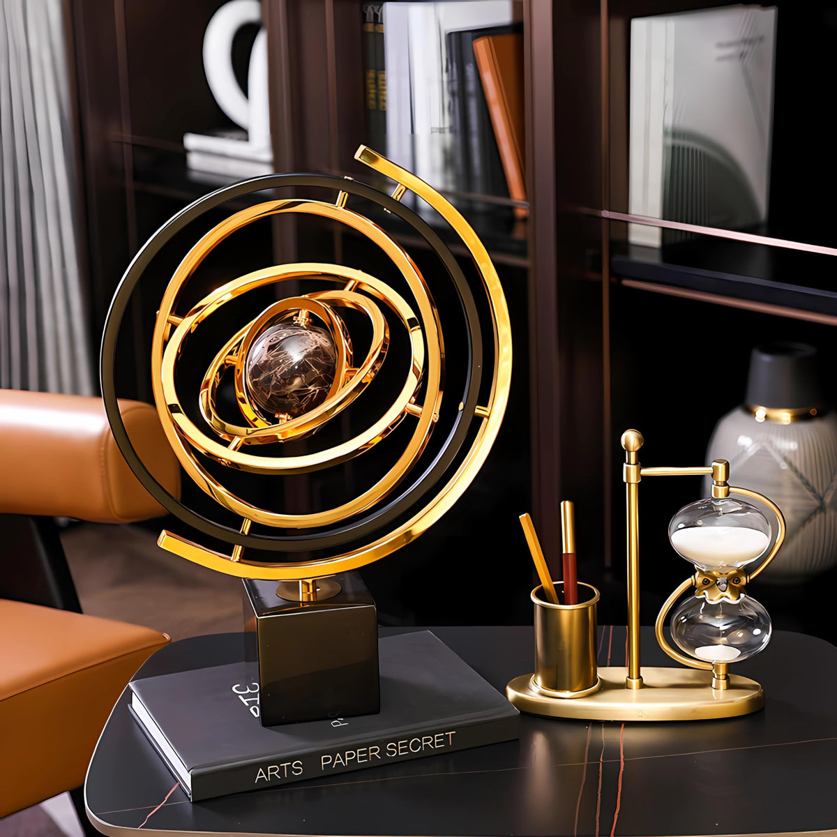BG-DRGNING Gold Globe Abstract Art Decor, Sculptures with Rectangle Stands, Desk Decor - Black & Gold (XL, Globe)