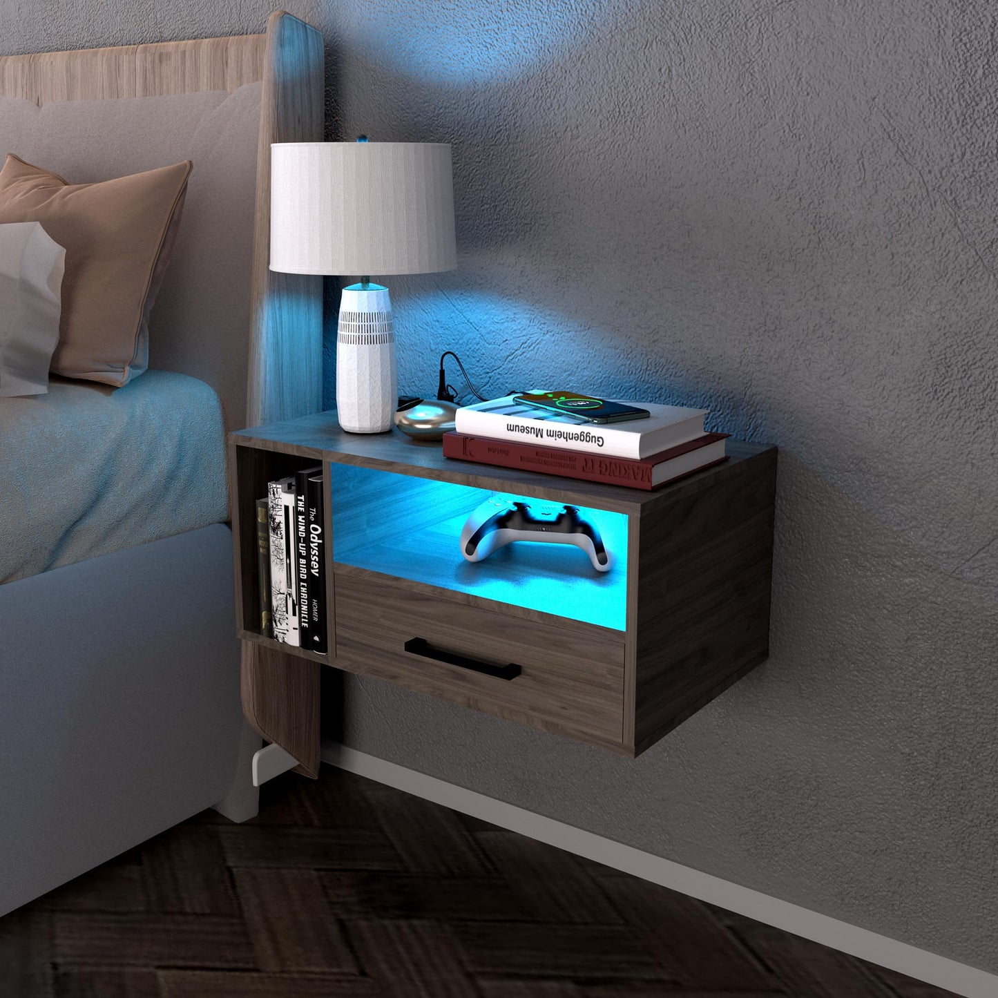 Bloddream Floating Nightstand with Charging Station and LED Light Strips, 21.3" Night Stand with Drawers, Floating Bedside with USB Ports and Outlets, Bedroom Furniture