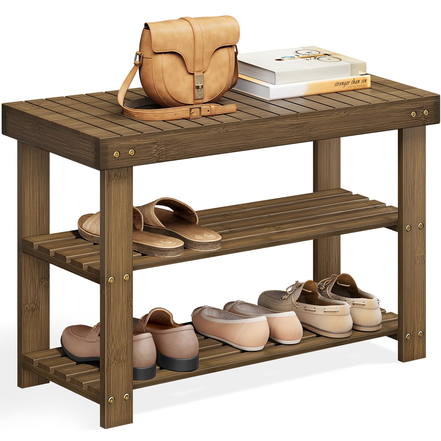 SONGMICS Shoe Rack Bench, 3-Tier Bamboo Shoe Storage Organizer, Entryway Bench, Holds Up to 286 lb, 11.3 x 27.6 x 17.8 Inches, for Entryway Bathroom Bedroom, Yellow Brown ULBS04WL