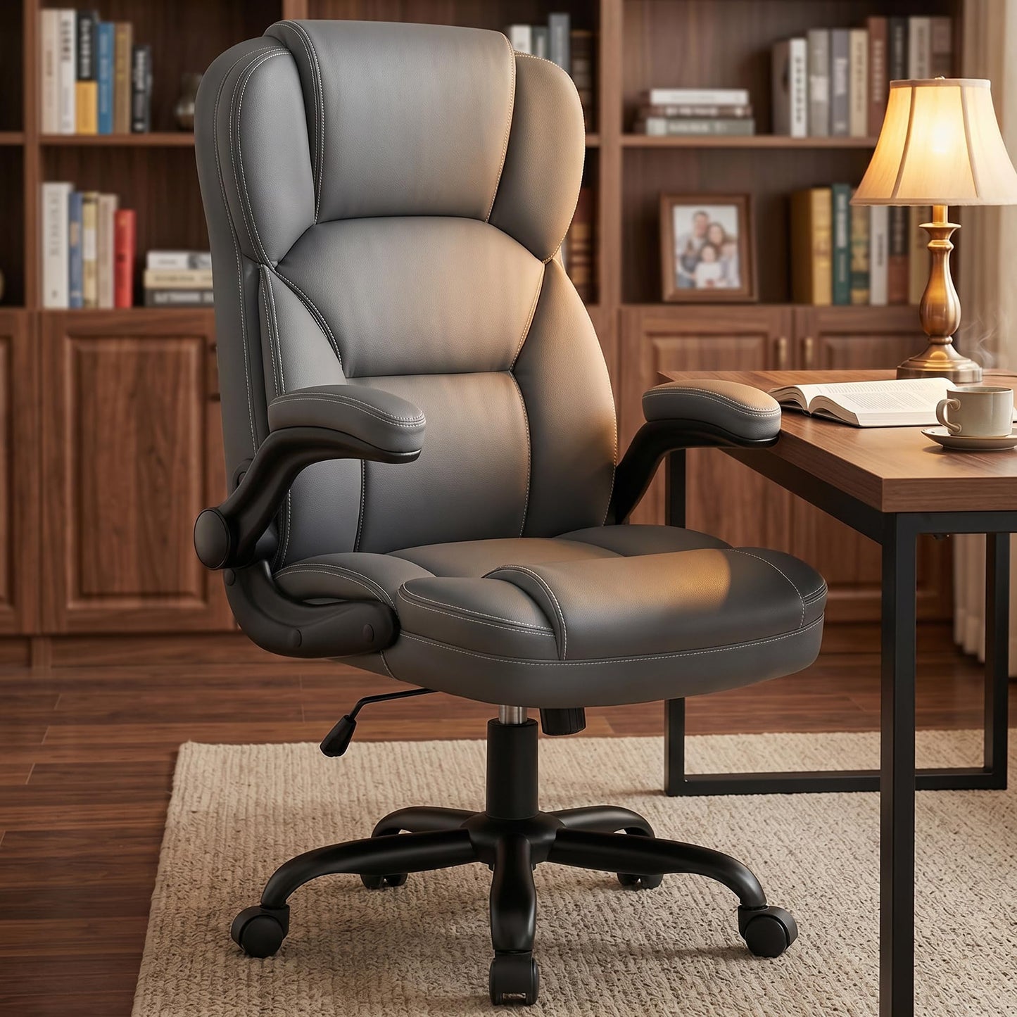 Brick Attic Leather Office Chair with Flip Up Arms, 360° Swivel Ergonomic Desk Chair with Wheels, Adjustable Height Computer Chair with Padded Seat for Home Office, Study,Gaming Room, Gray