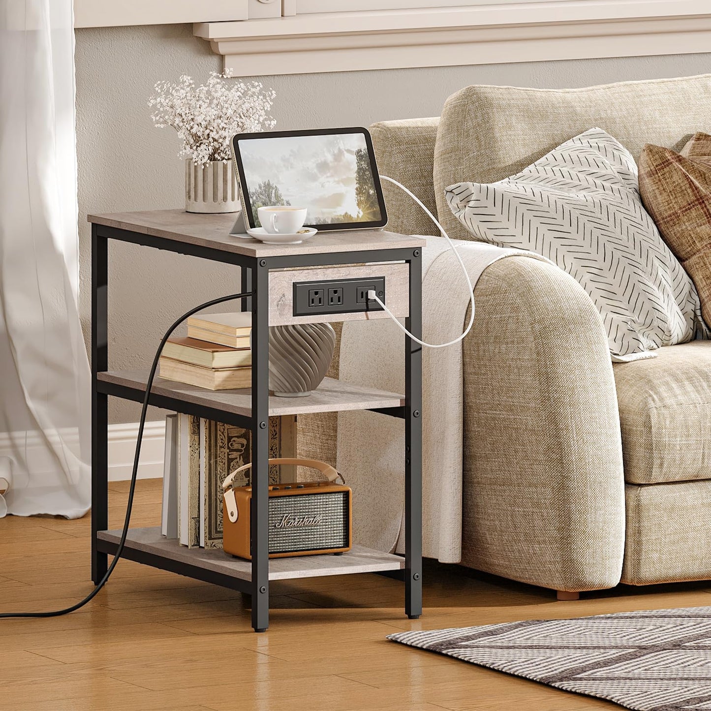 HOOBRO End Table with Charging Station, Side Table with 3 Tier Storage Shelf, Narrow Nightstand for Small Spaces, for Living Room, Bedroom, Easy Assembly, Greige and Black BG149UBZ01