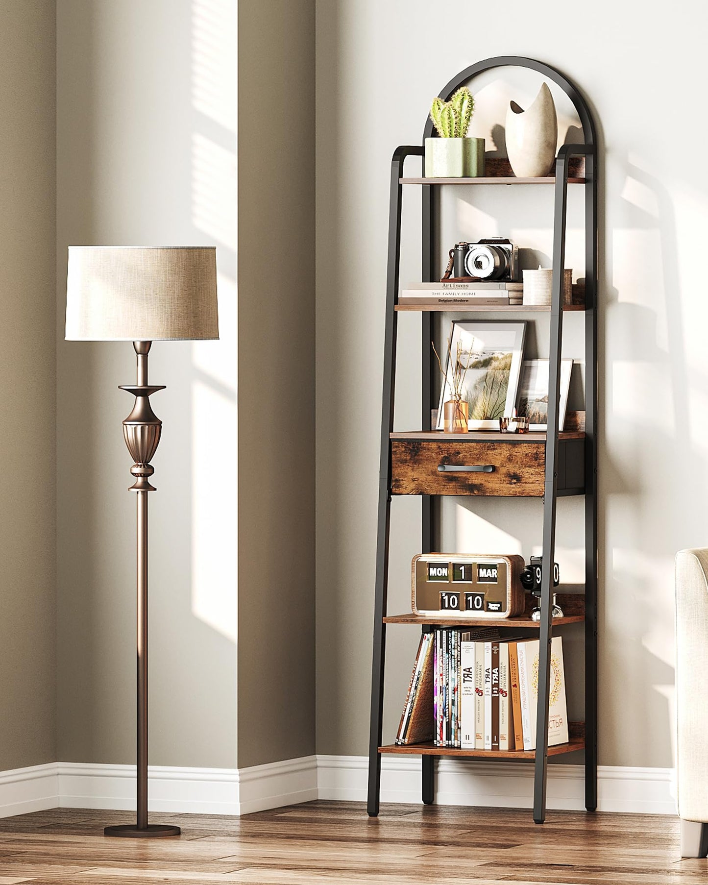 CHOEZON 5 Tier Ladder Shelf with Drawer, Tall Ladder Bookshelf, Standing Bookcase with Metal Frame for Living Room, Bathroom, Home Office, Study, Balcony, Rustic Brown and Black TCJ07BF