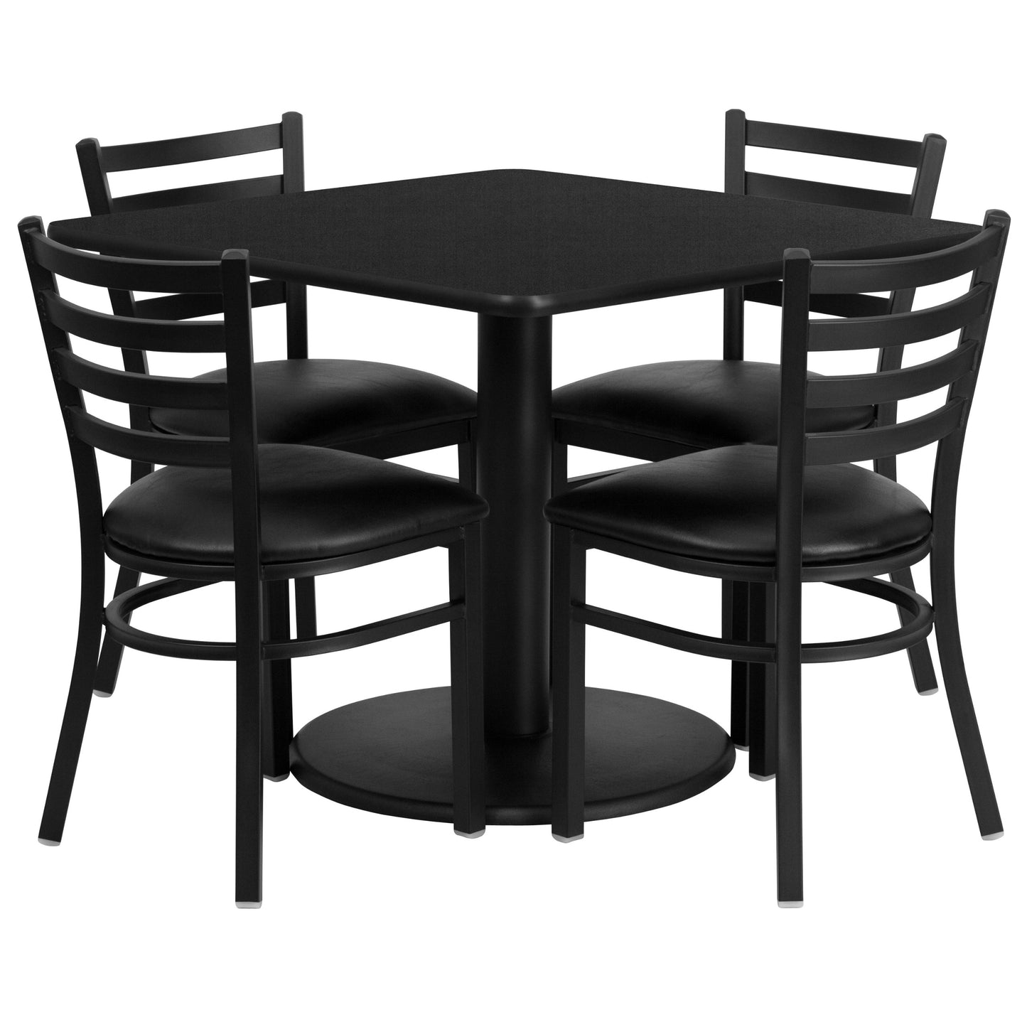Flash Furniture Jamie 36'' Square Black Laminate Table Set with Round Base and 4 Ladder Back Metal Chairs - Black Vinyl Seat