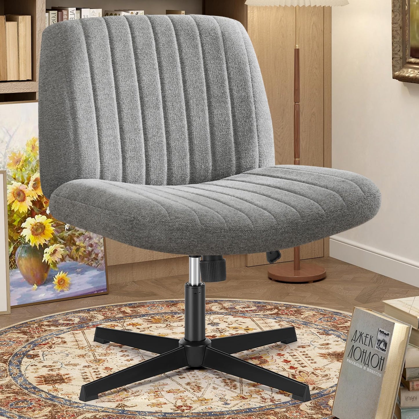 OLIXIS Criss Cross Legged Chairs Armless No Wheels Wide Seat Height Adjustable Swivel Padded Fabric Home Office Desk Seating for Bedroom, Student, Study Room