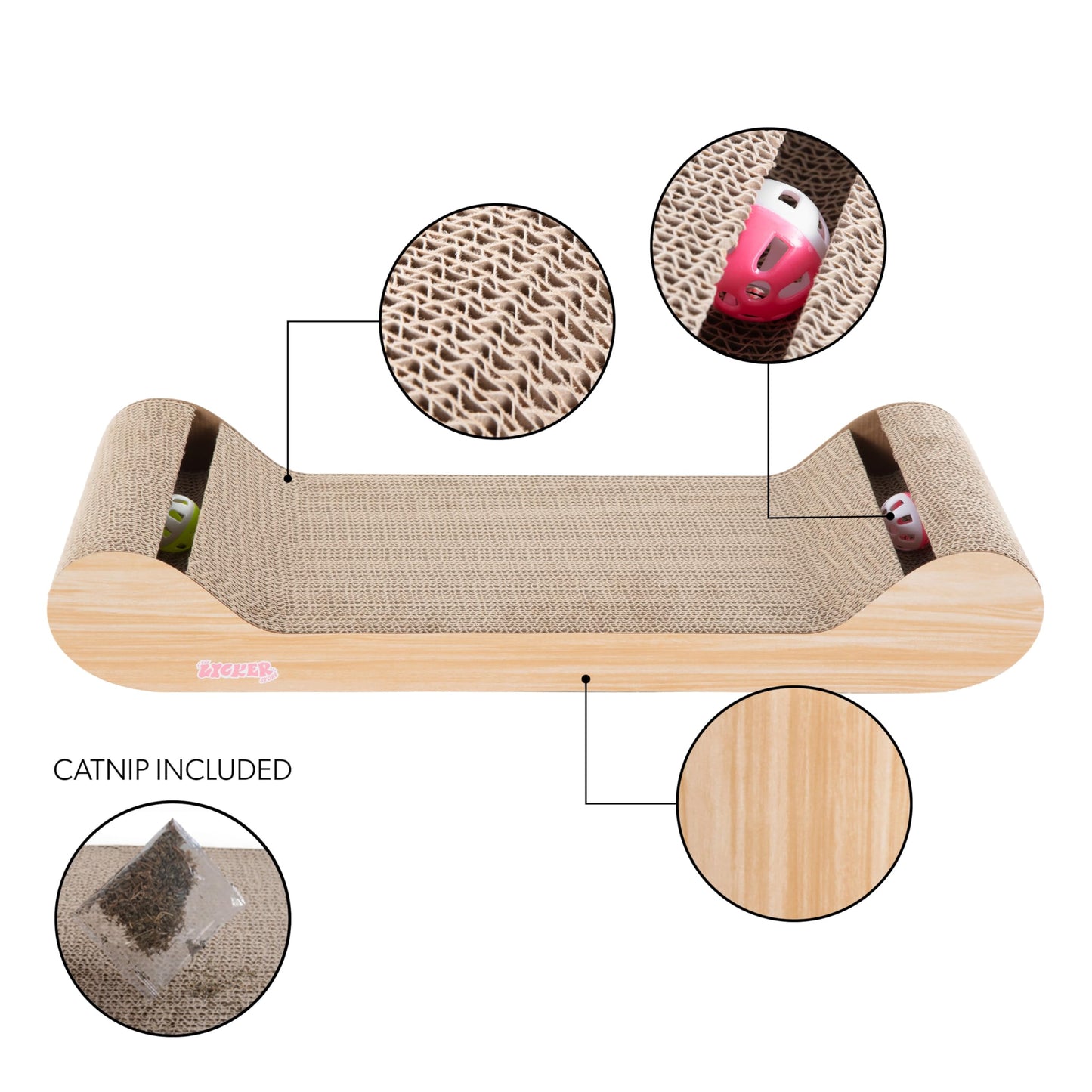 THE LICKER Store Rini 23.75" Modern Cardboard Cat Scratcher Lounge Bed with Built-in Bell Toys and Catnip, Ergonomic Curved Sofa Design, Oak Wood Finish CSR1003C
