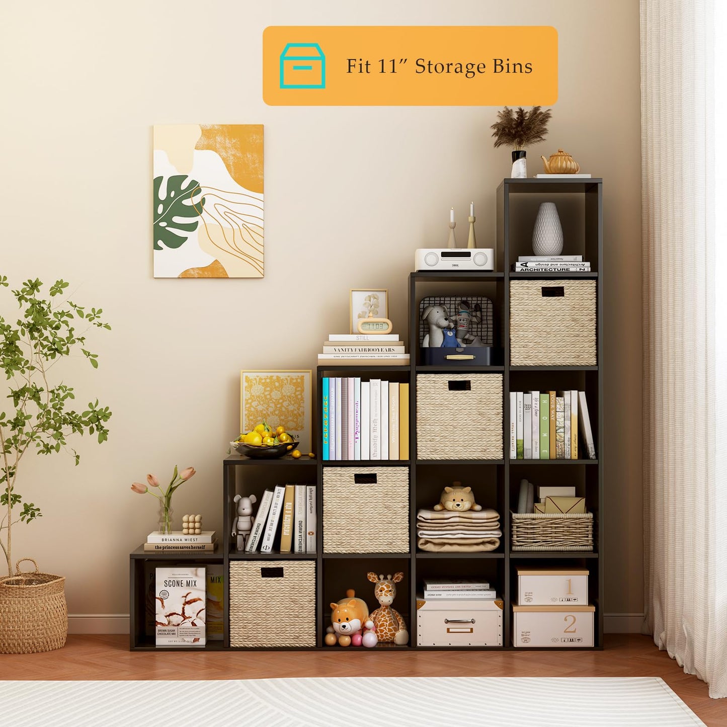 OSCHF Ladder Cube Storage Bookcase - Wooden L-Shaped 3-Tier Corner Shelf, Reversible 6-Cube Organizer for Home & Office, White