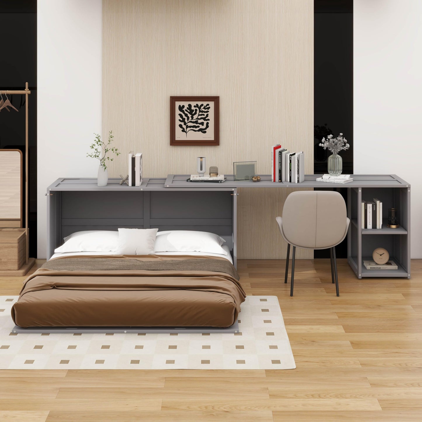 YunNianYang Queen Size Murphy Bed with Rotable Desk (Gray)