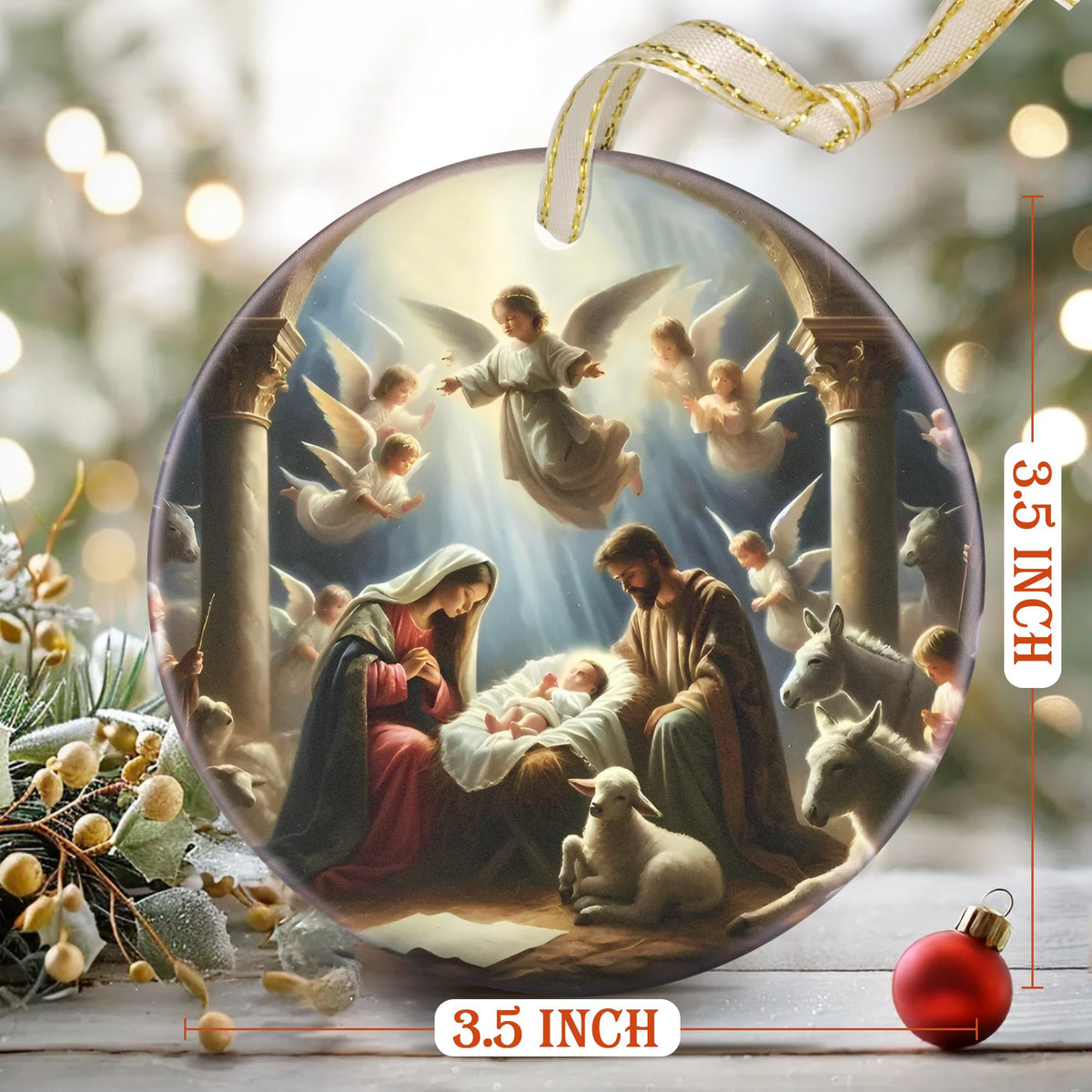 Nativity Christmas Decorations, 3.5 Inch Ceramic Religious Christmas Ornament, Christmas Tree Ornaments, Christian Gifts for Kids, Religious Gifts for Women, Xmas Gifts for Mom, Merry