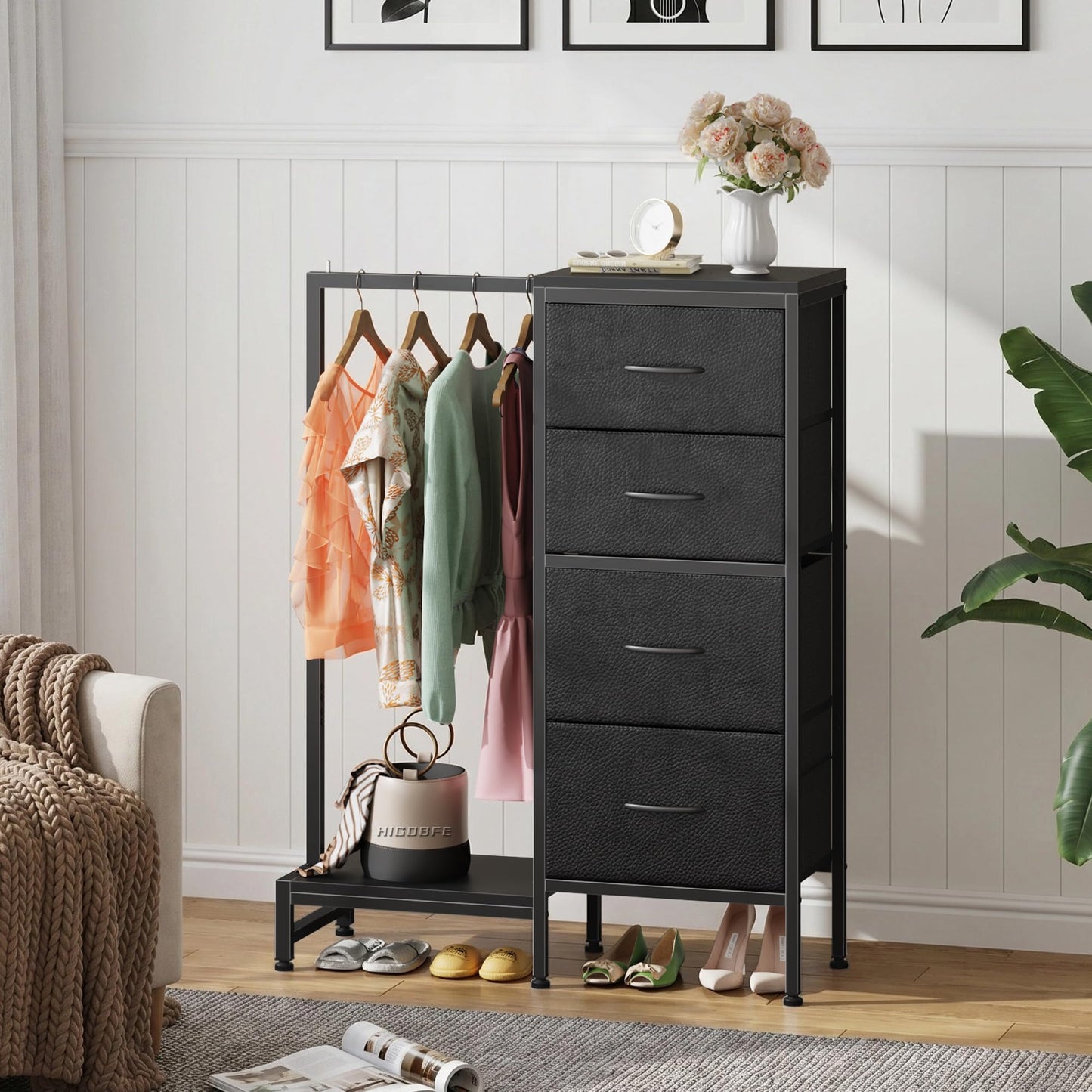 HIGDBFE Dresser with Hanging Rack, 4 Drawers Small Closet for Bedroom, Reversible Fabric Kids Chest of Drawers with Clothes Rack, Tall Storage Tower, Sturdy Frame, Black, 44''H