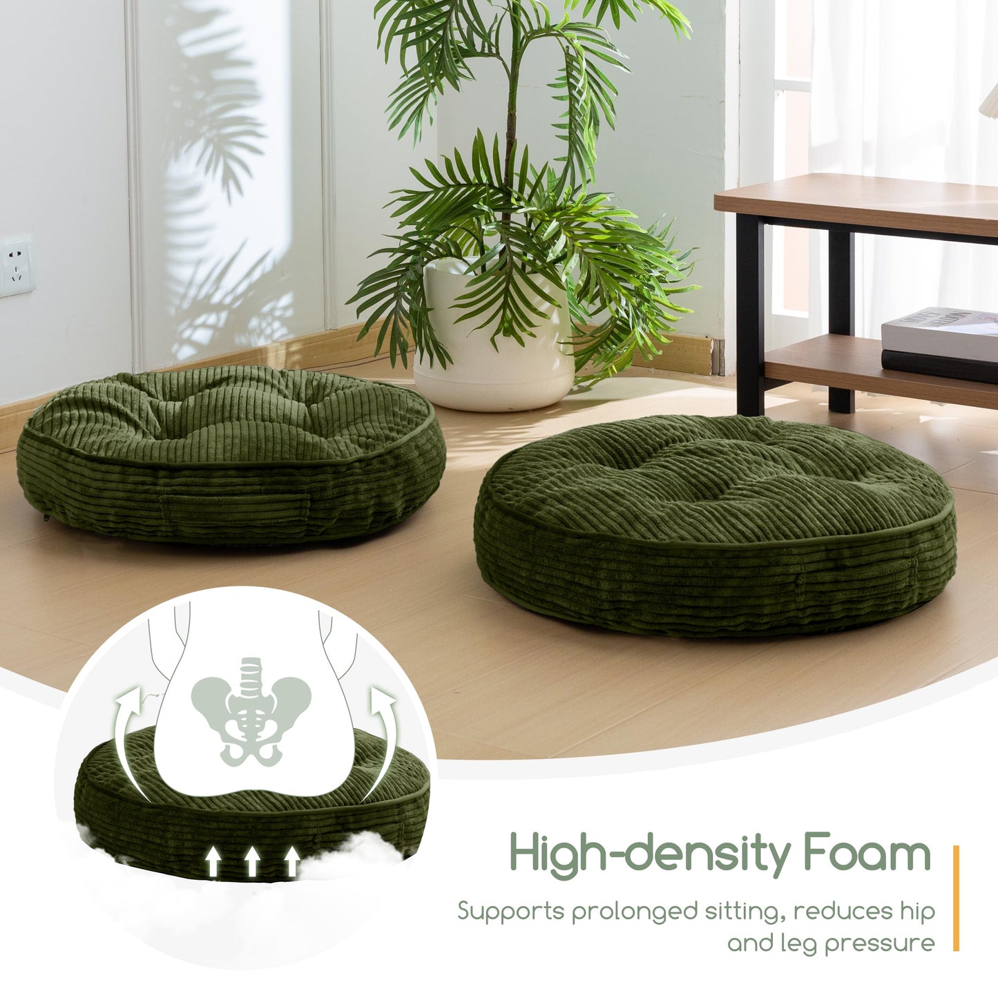 HIGOGOGO 4" Floor Pillow Cushion for Adults, Meditation Cushion Pillow, Large Round Floor Sitting, Tufted Corduroy Cover, for Tatami Living Room or Yoga, 22x22 Inch, Dark Green