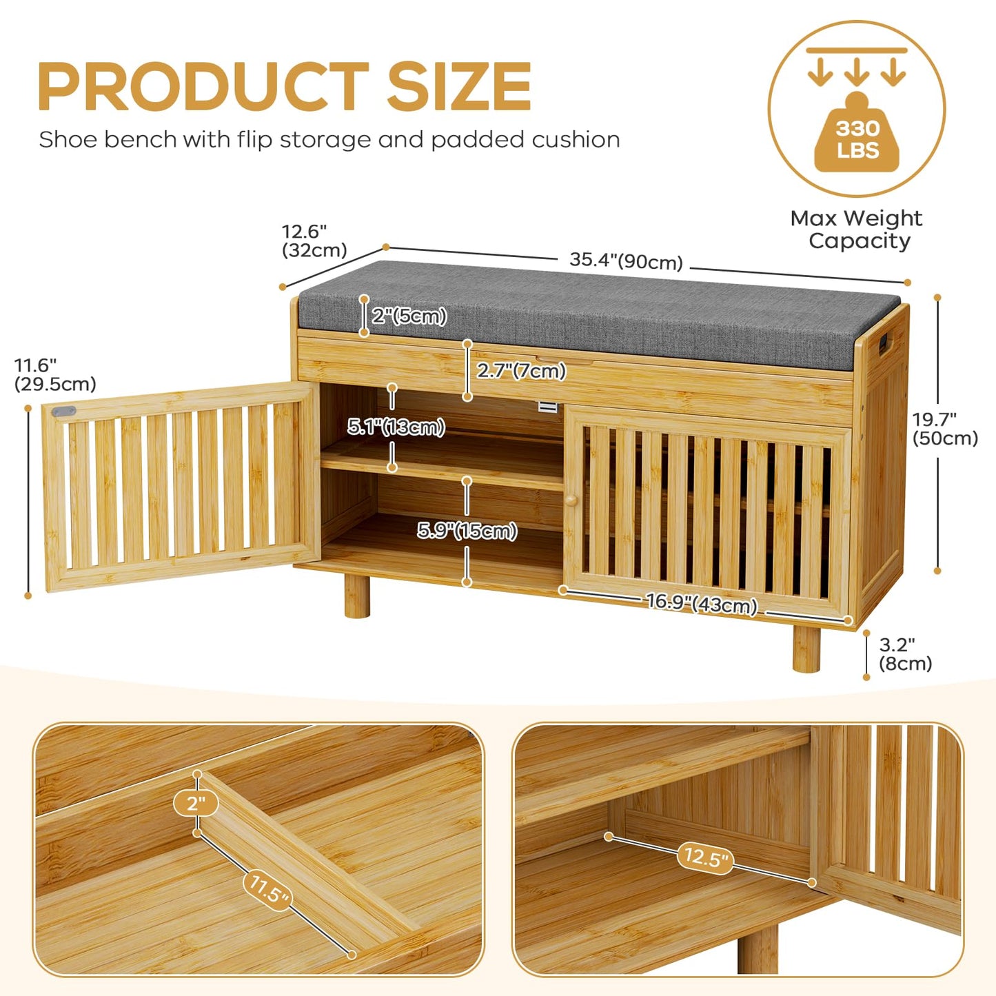 oakvivo Bamboo 35.4in Shoe Storage Bench with Lift Top Storage & Padded Seat Cushion, 2-Tier Shoe Rack Cabinet with 2 Doors for Entryway, Living Room, Bedroom, Mudroom, Natural