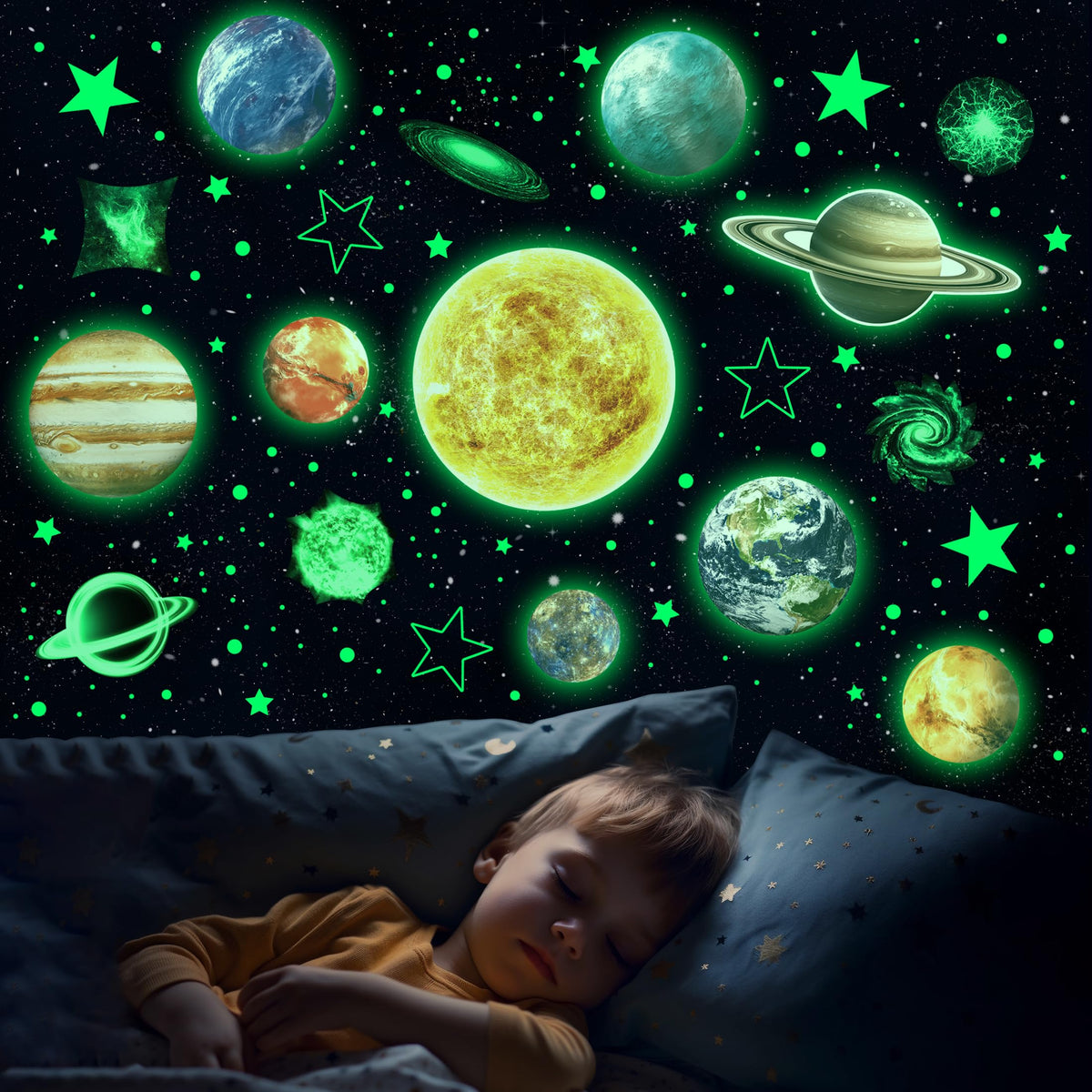 Glow in The Dark Stars and Planets for Ceiling, Glow Solar System Wall Stickers, Space Wall Decals for Kids Boys Room (Green)