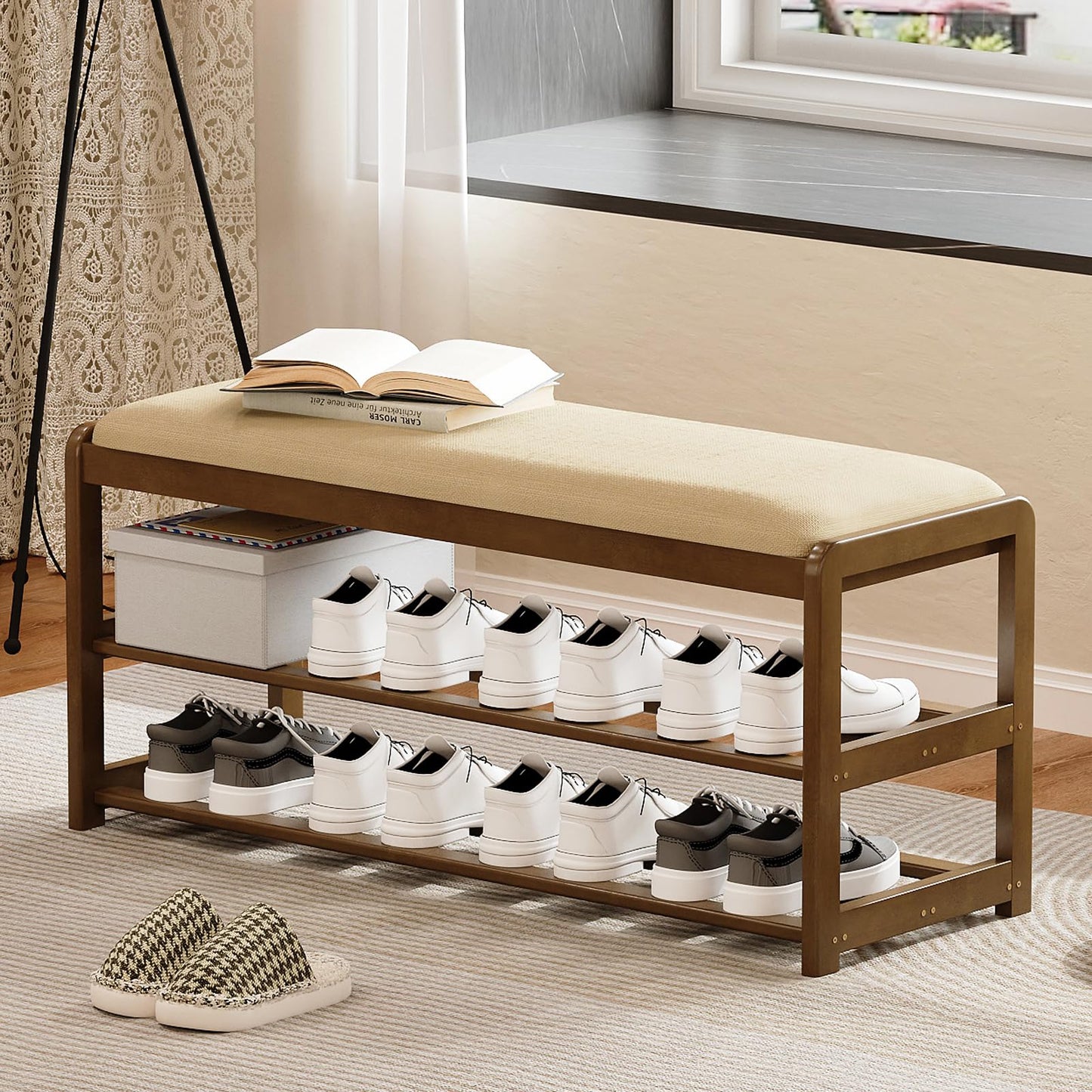 Welfuturer 2-Tier Bamboo Shoe Bench with Cushion and Hidden Drawer, Entryway Shoe Rack Organizer with Storage for Hallway, Bedroom, Front Door, Mudroom Seating Bench, Walnut