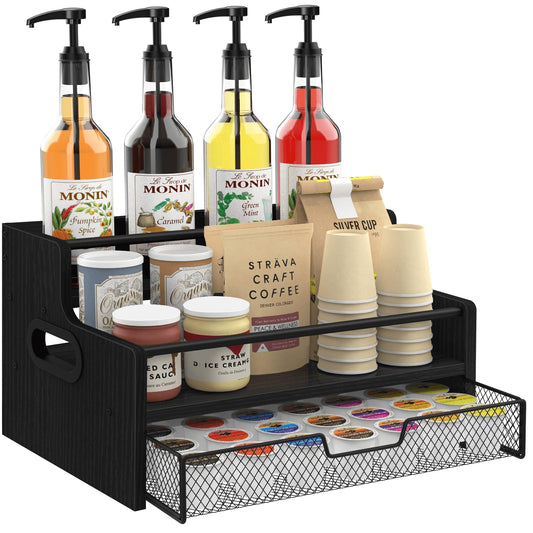 Homode 3-Tier Coffee Bar Organizer, 8 Bottle Syrup Stand with 35 Coffee Pod Storage Drawer, Rustic Wood & Metal Countertop Liquor Bottle Holder for Kitchen, Black