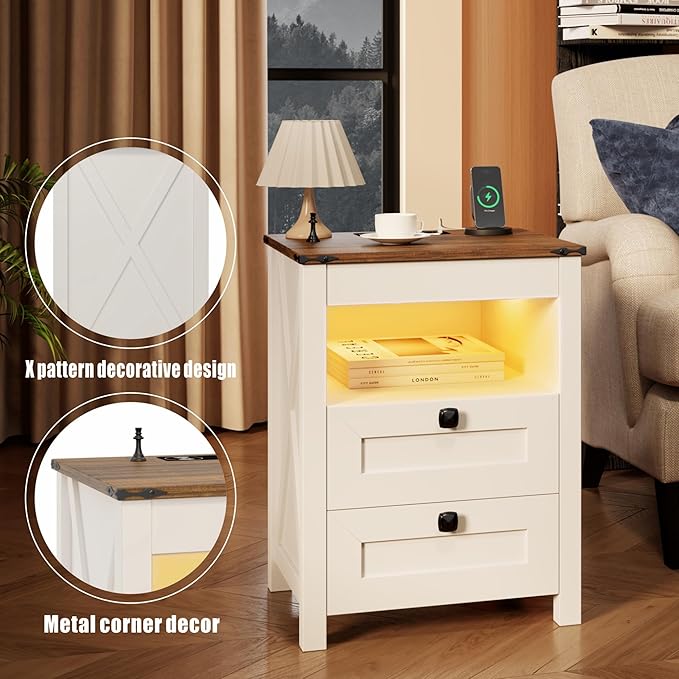 HWB LED Nightstand with Gun Drawer: Bedside Table with Charging Station