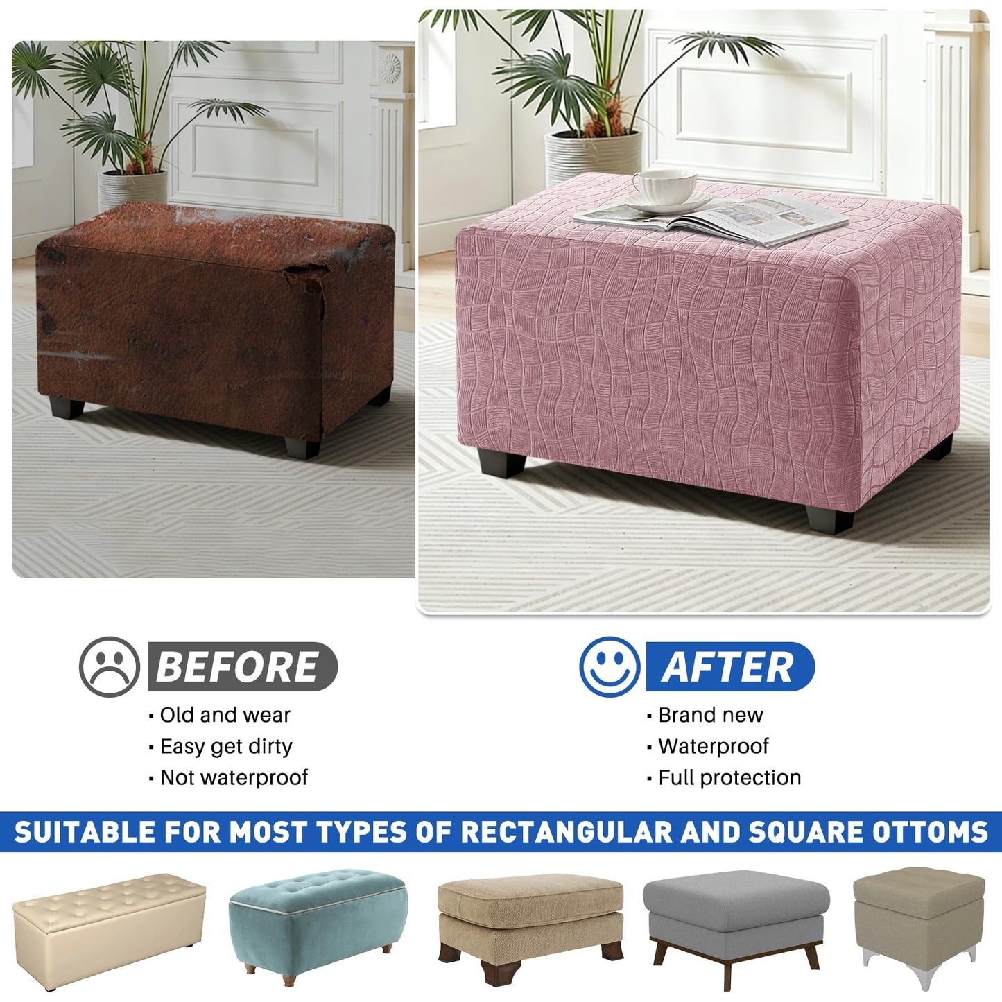 MAXIJIN Waterproof Ottoman Cover Rectangle Stretch Ottoman Slipcovers Square Thick Stool Covers Storage Footrest Furniture Protector with Non-Slip Elastic Bottom (Small, Dusty Pink)