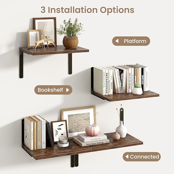 Fun Memories Rustic Brown 12 Inch Deep Floating Shelves Set of 2, Wall Mounted