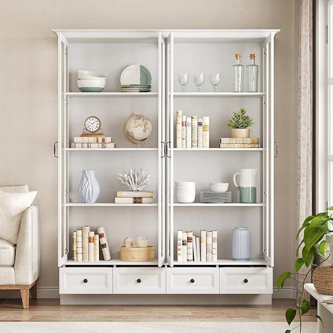 78" Large Storage Cabinet with Glass Doors, China Hutch, Farmhouse Kitchen