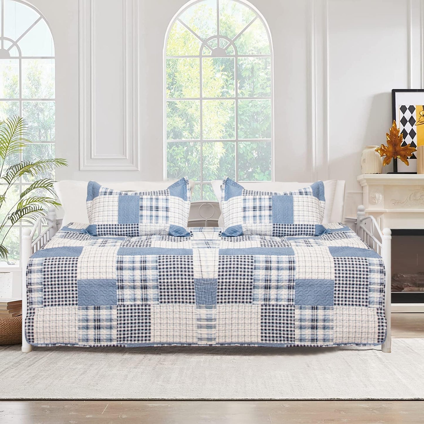 Jarson 3 Piece Plaid Daybed Cover Set Twin Blue Gray White Patchwork Quilted Daybed Bedding Sets Double Side Cozy Sofa Daybed Cover with 2 Shams