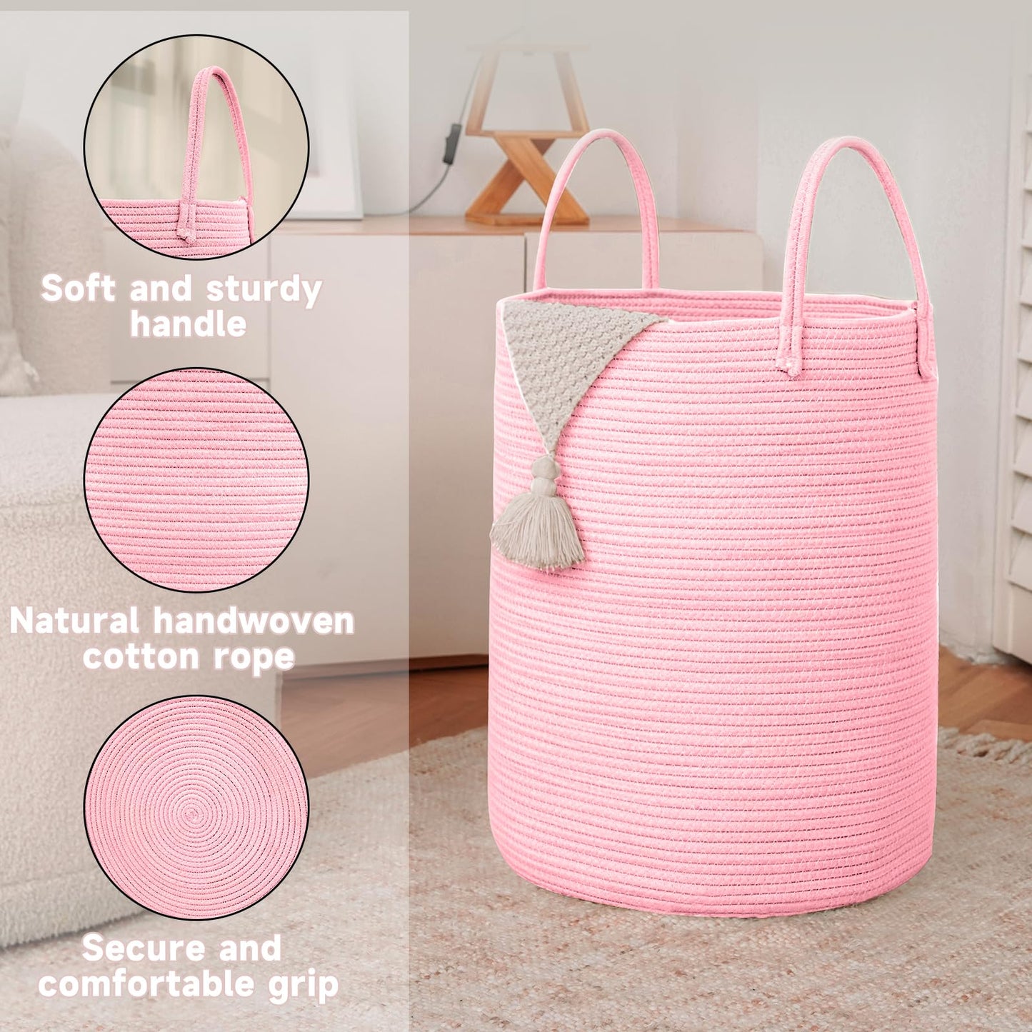 JMvicyroam Large Woven Laundry Basket Hamper,60L Cotton Rope Storage Bin for Blankets,Toys and Clothes,Decorative Tall Nursery Hamper for Living Room,Baby Nursery,Bathroom and Bedroom,Pink