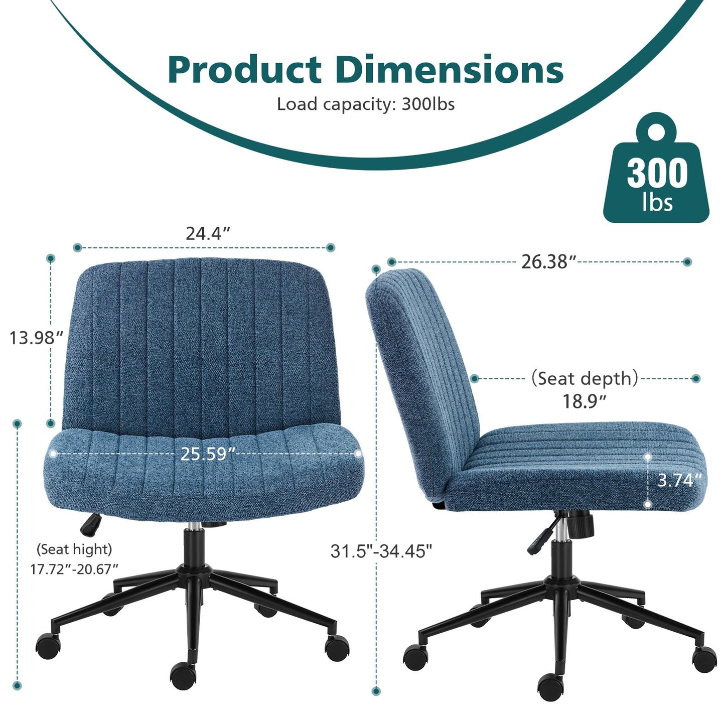 OLIXIS Criss Cross Chair with Wheels Wide Cross Legged Office Desk Vanity Chair Comfy Fabric Armless Height Adjustable Swivel for Home Computer Task Blue