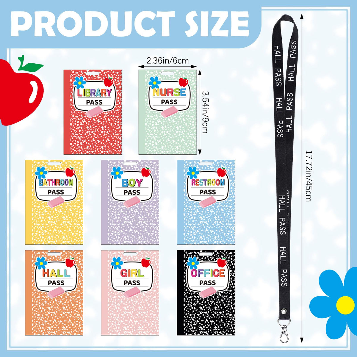 Fuyoooo 16 Set Colorful Composition Notebook Hall Pass Lanyards Unbreakable PVC Rainbow Classroom Passes with Lanyards Bathroom Boy Girl Library Hall Office Nurse Pass 2.4 x 3.5