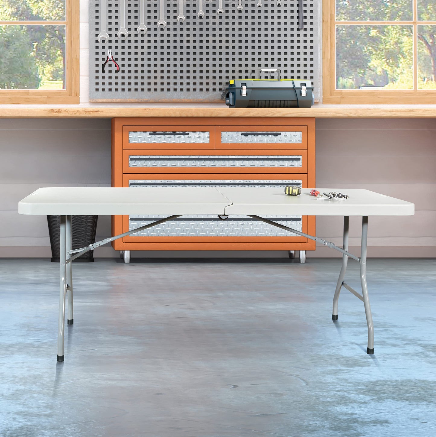 Office Star Resin Multipurpose Rectangle Table, 6-Feet, Center Folding with Wheels, Light Gray