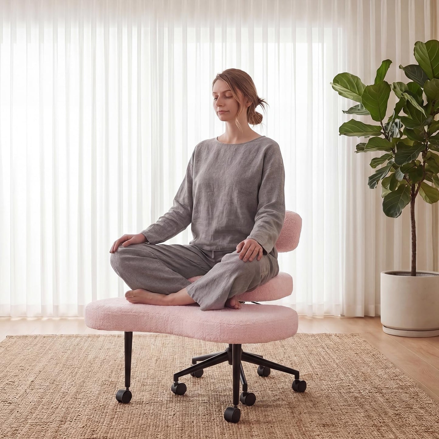 DUMOS Ergonomic ADHD Cross Legged Office Desk Chair with Adjustable Backrest, Height Adjustable Meditation Chair with 360° Swivel Footstool, Teddy Fabric Yoga Stool for Home Office, Pink