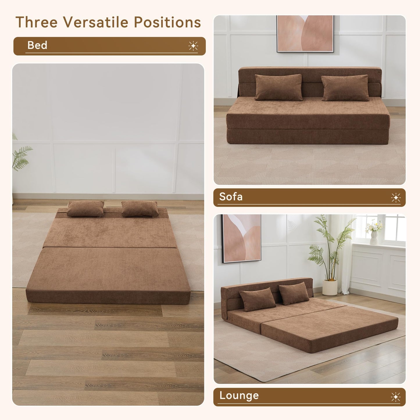 WUTUTUEE Folding Sofa Bed Floor Couch with Pillow, Foldable Chair Bed Convertible Linen Sleeper Chair Futon,Foldable Memory Foam Mattress for Bedroom/Living Room/Dorm/Office (Brown, Queen)
