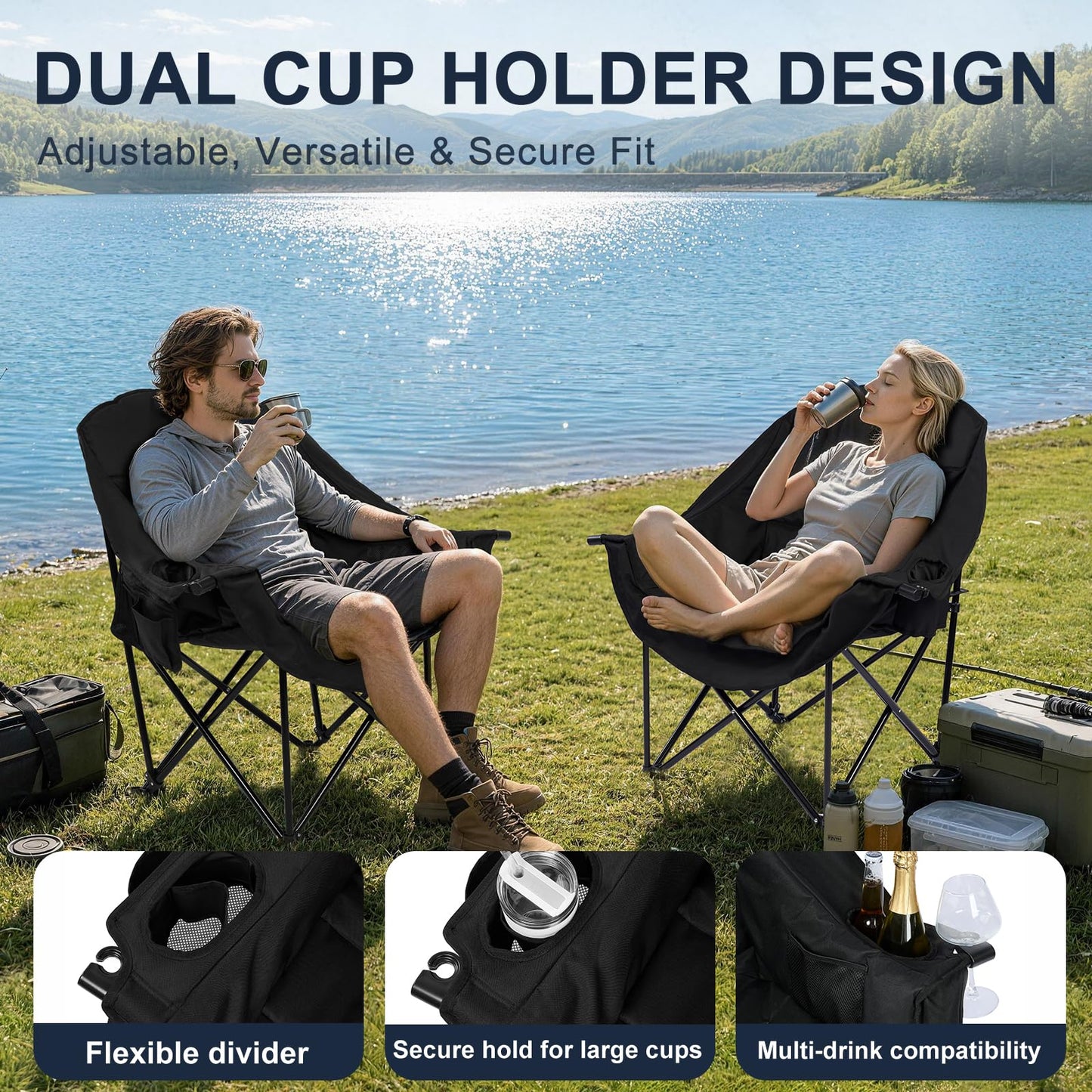 Oversized Camping Chairs for Adult - Heavy Duty Padded Portable Folding Chair XL Collapsible Camp Chair with Cup Holder Side Pocket Outdoor Lawn Beach Sport Fishing Support 500LBS, Black 2 Pack
