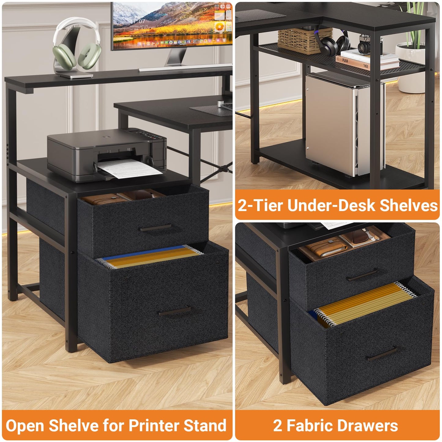 Aheaplus L Shaped Desk with File Drawer, Reversible L Shaped Computer Desk Gaming Desk with Power Outlet & LED Strip, Home Office Desk with Monitor Shelf, Corner Desk with Storage Shelves, Black
