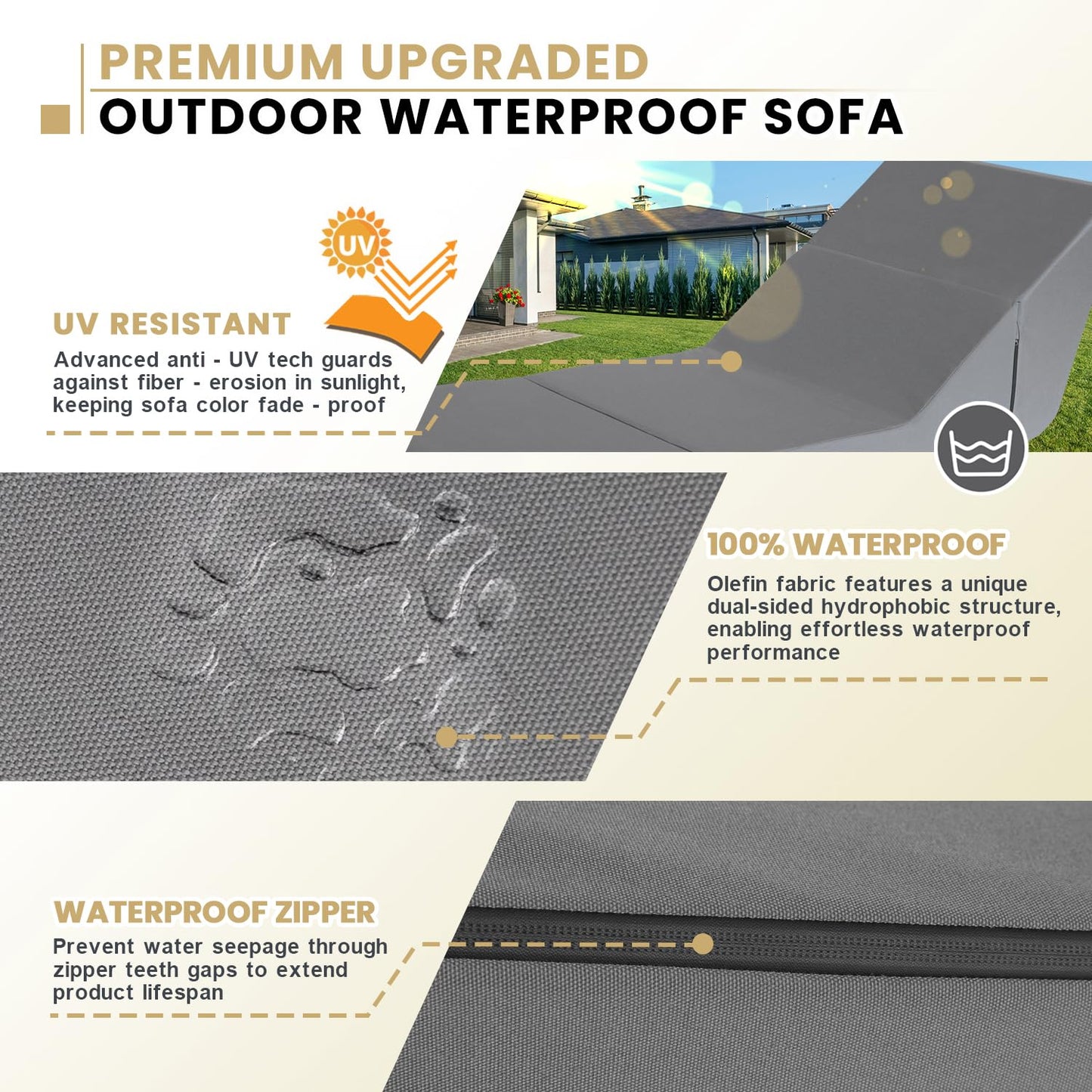 jela Outdoor Sofa, Waterproof Folding Lounge Chair and Sofa, UV Resistant Patio Sofa with Machine Washable Cover, Soft Foam Outdoor Bed Pool Lounge Chaise Chairs (Darkgrey)