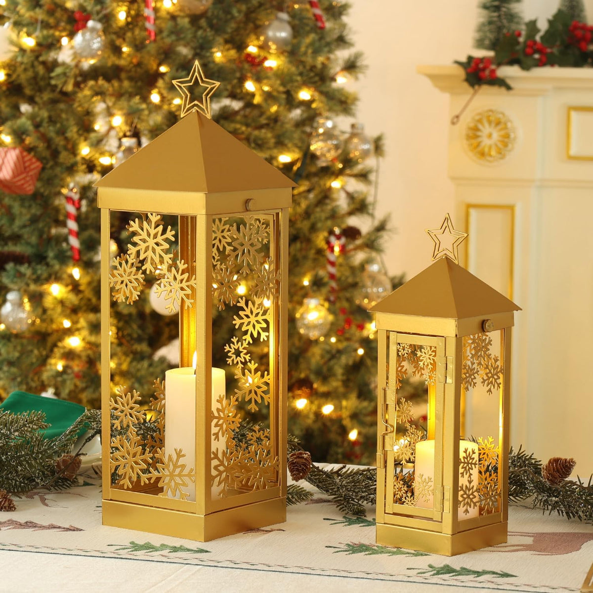 NEEDOMO Christmas Decorations Outdoor&Indoor, 17''/12'' Metal Candle Lantern Decor,Christmas Lanterns with Snowflakes Stars and LED Candle for Home Porch Patio Table Centerpieces, Xmas,No Glass