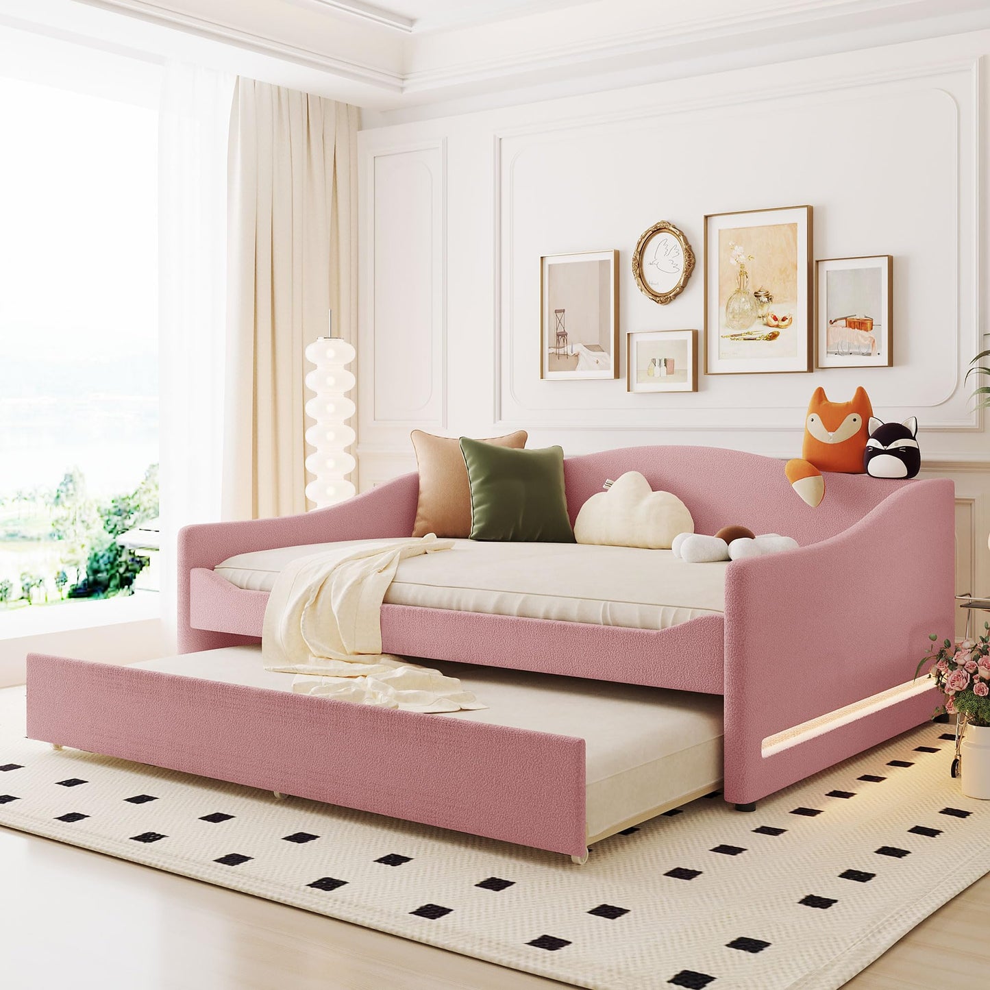 Full Size Upholstered Daybed with Trundle,Teddy Fleece Full Daybed Frame,Full Day Bed with LED Light,Tufted Sofa Bed Daybed for Bedroom,Living Room,Guest,Pink