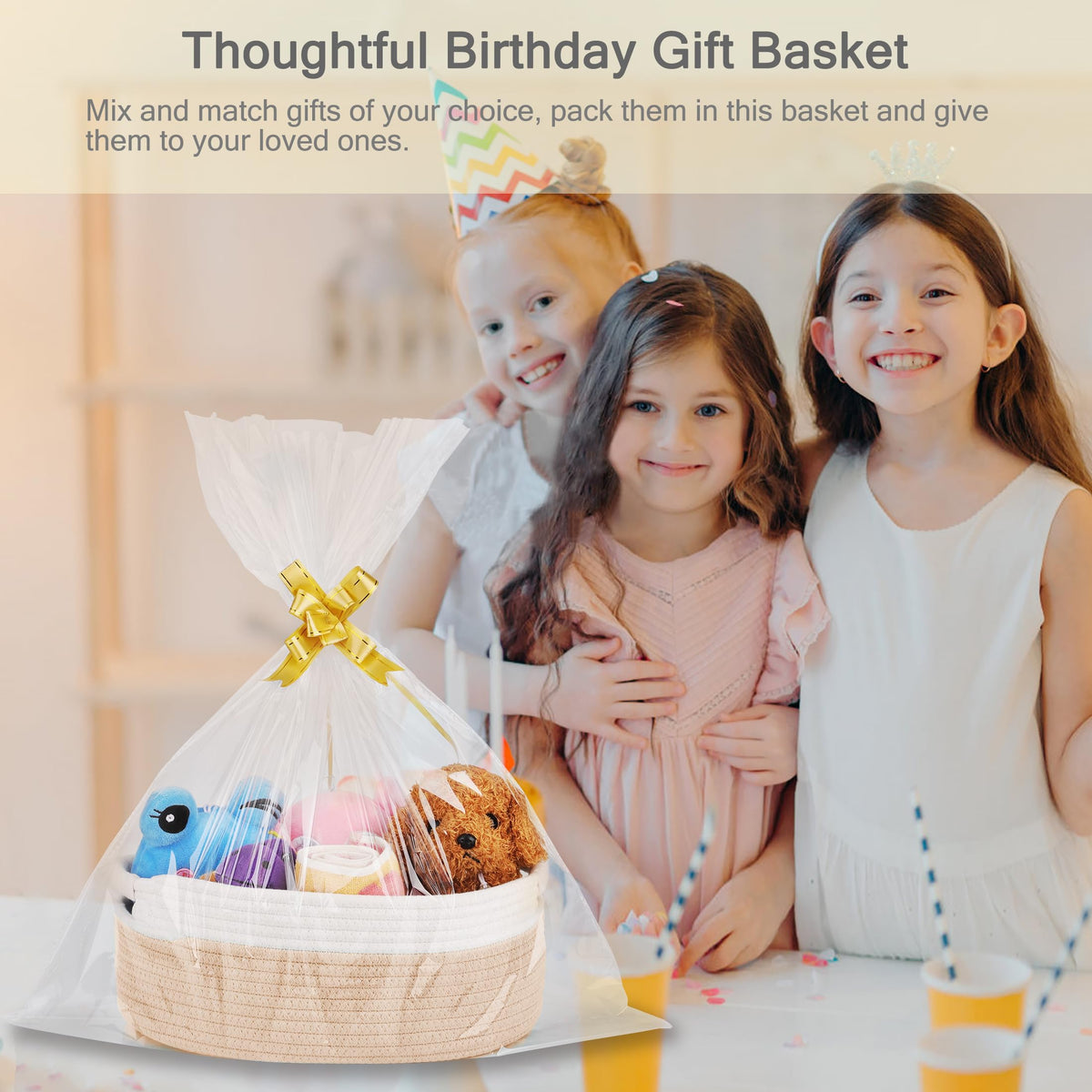 BOSROTY Small Woven Basket with Gift Bags and Ribbons, Empty Baby Gift Baskets for Kids Women Men, Shelf Storage, Small Cat Dog Pet Toy Boxes, 13”x 9”x 5.5”, Beige