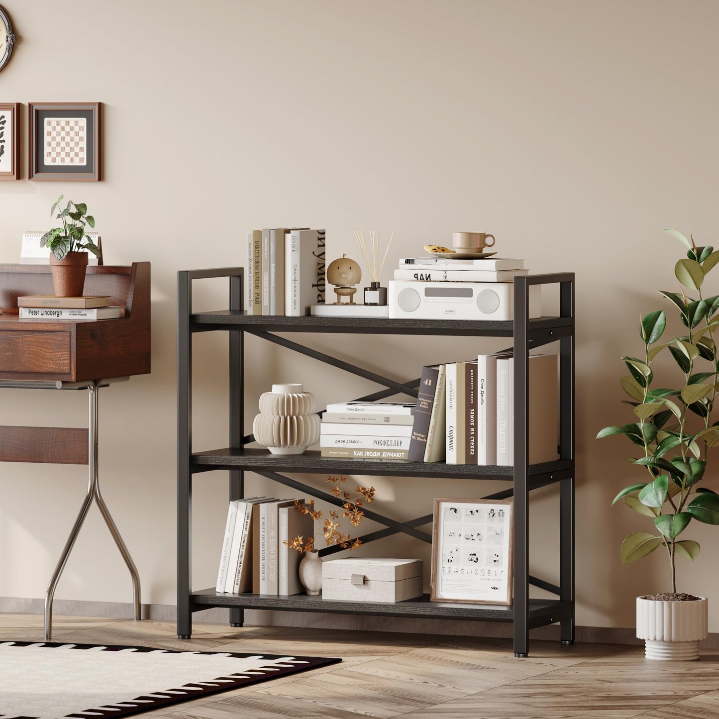 Homeiju 3 Tier Bookshelf 31.49" Width, Wood and Metal Etagere Bookcase, Vintage Farmhouse Modern Wooden Big Book Shelf for Home Living Room Bedroom Office Storage(Black)