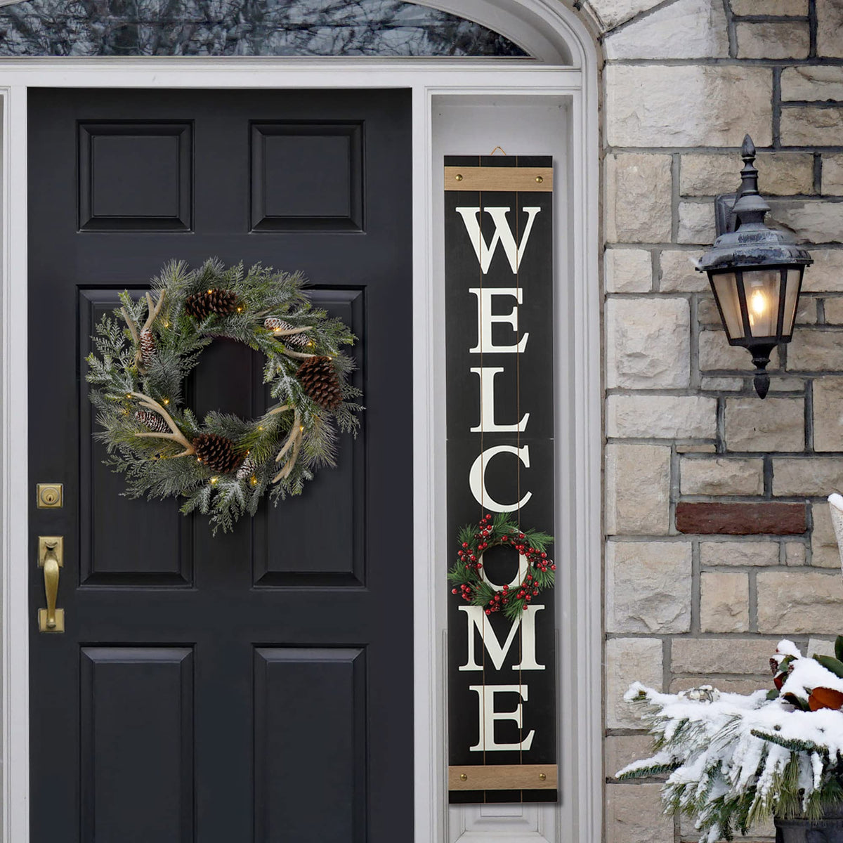 Glitzhome 60”H Welcome Sign for Front Door Porch Farmhouse Wooden Hanging Wall Sign with 4 Interchangeable Floral Wreaths for Seasons Spring Summer Fall Harvest Thanksgiving Christmas Home Decor