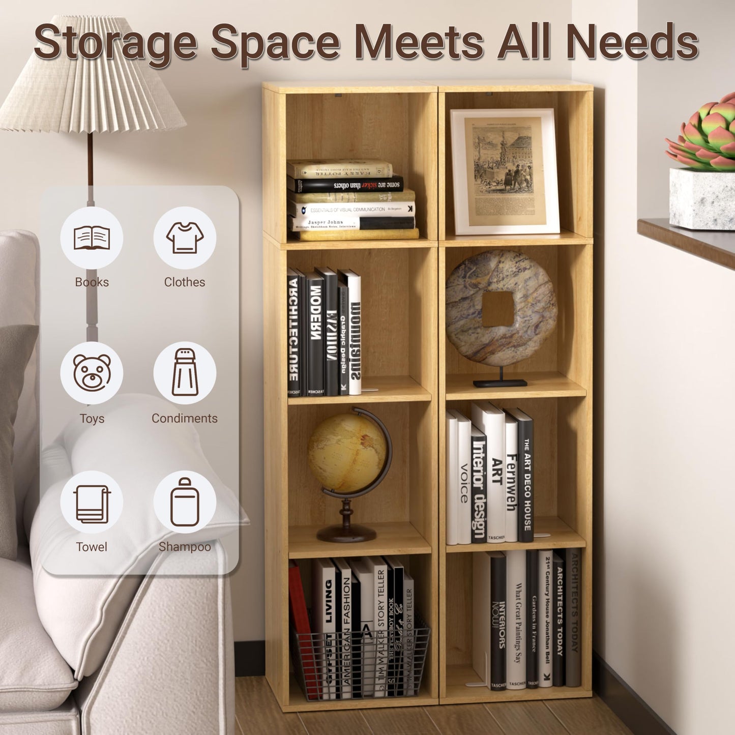 NewBeth 4 Cube Storage Organizer, 4 Tier Cube Low Bookcase Freestanding Storage Display Organizer, Four-Cubes Open Shelf Bookshelf for Home Office (Oak, 4-Cube)