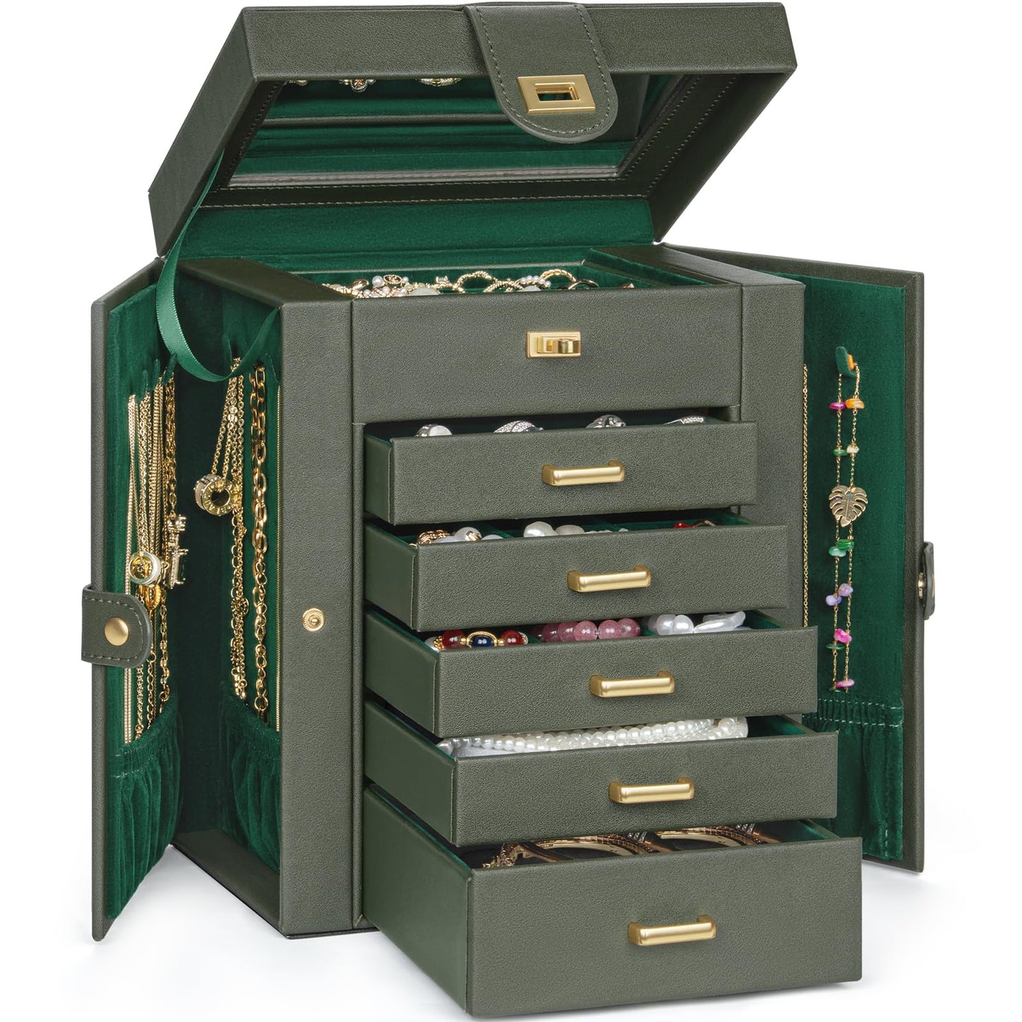 AKOZLIN 6-Tier Jewelry Box Organizer Functional 5 Drawers Leather Jewelry Storage Case for Women Girls Ring Necklace Earring Bracelet Holder Organizer with Mirror DrakGreen Regular