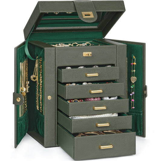 AKOZLIN 6-Tier Jewelry Box Organizer Functional 5 Drawers Leather Jewelry Storage Case for Women Girls Ring Necklace Earring Bracelet Holder Organizer with Mirror DrakGreen Regular