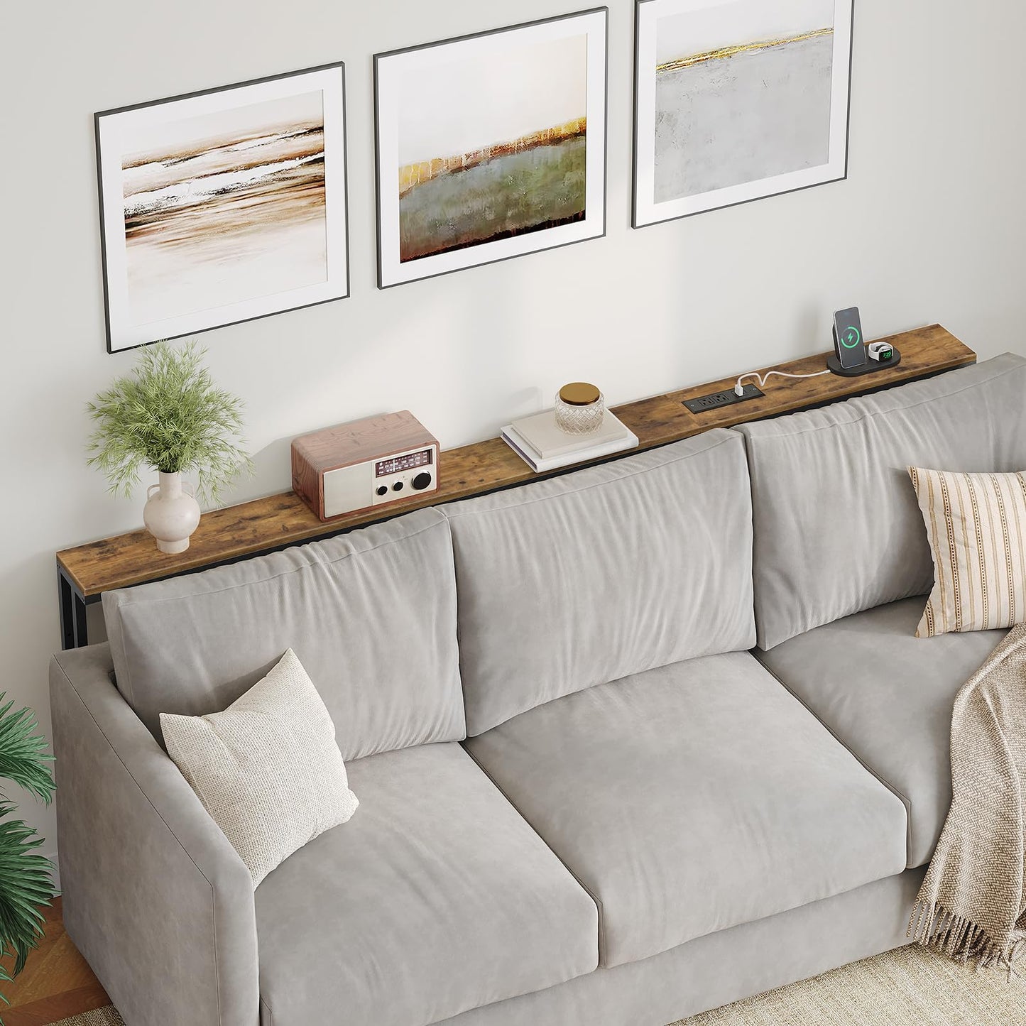 YATINEY 78.7" Narrow Console Table with Adjustable Height (27.6"-35.4"), L Shaped Sofa Table Narrow Long, Skinny Behind Couch Table with USB-C Ports, 5.9" Wide Sofa Side Table, Rustic Brown CT29UBR