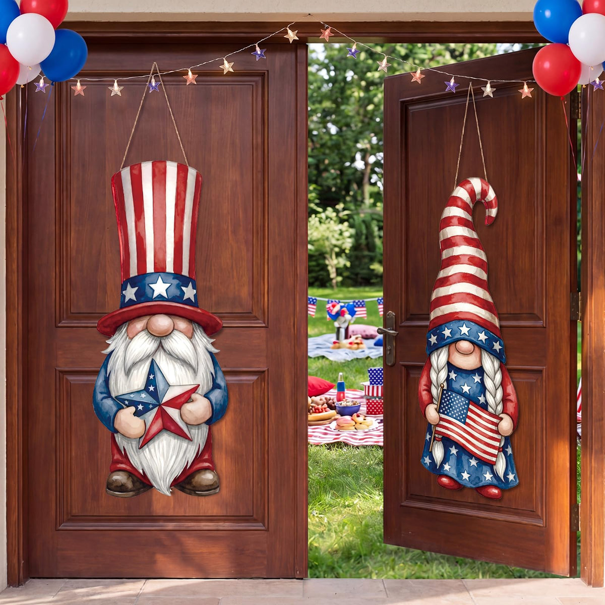 Thyle 2 Pcs Large Patriotic Gnomes Hanging Sign 32.3 x 12.2 Inch 4th of July Wooden Front Door Decorations Gnomes Wood Porch Sign for Independence Day 250th Anniversary Door Hanger