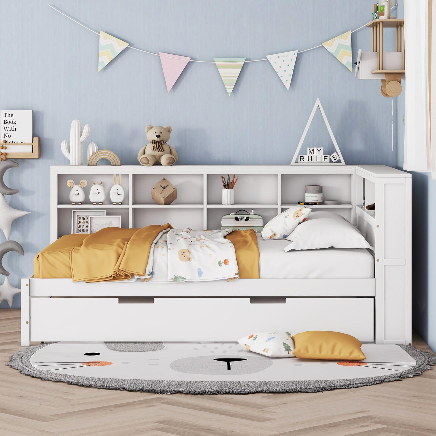 Ball & Cast Full Size Daybed W/Twin Size Trundle,Day Bed with Pop Up Trundle Bed W/USB Charging Ports,Wooden Sofa Bed W/Storage Shelf,No Box Spring Needed,for Bedroom,Guest Room,White