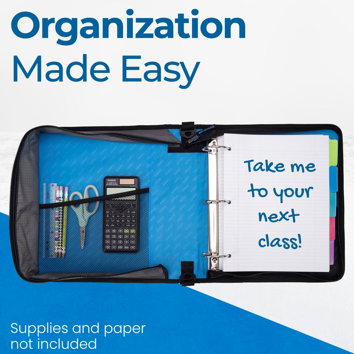 Case-it Classic Zipper Binder | 2-Inch O-Rings, 350 Sheet Capacity, Multiple Storage Pockets & Shoulder Strap | School & Office Organizer | D-251 Denim Blue