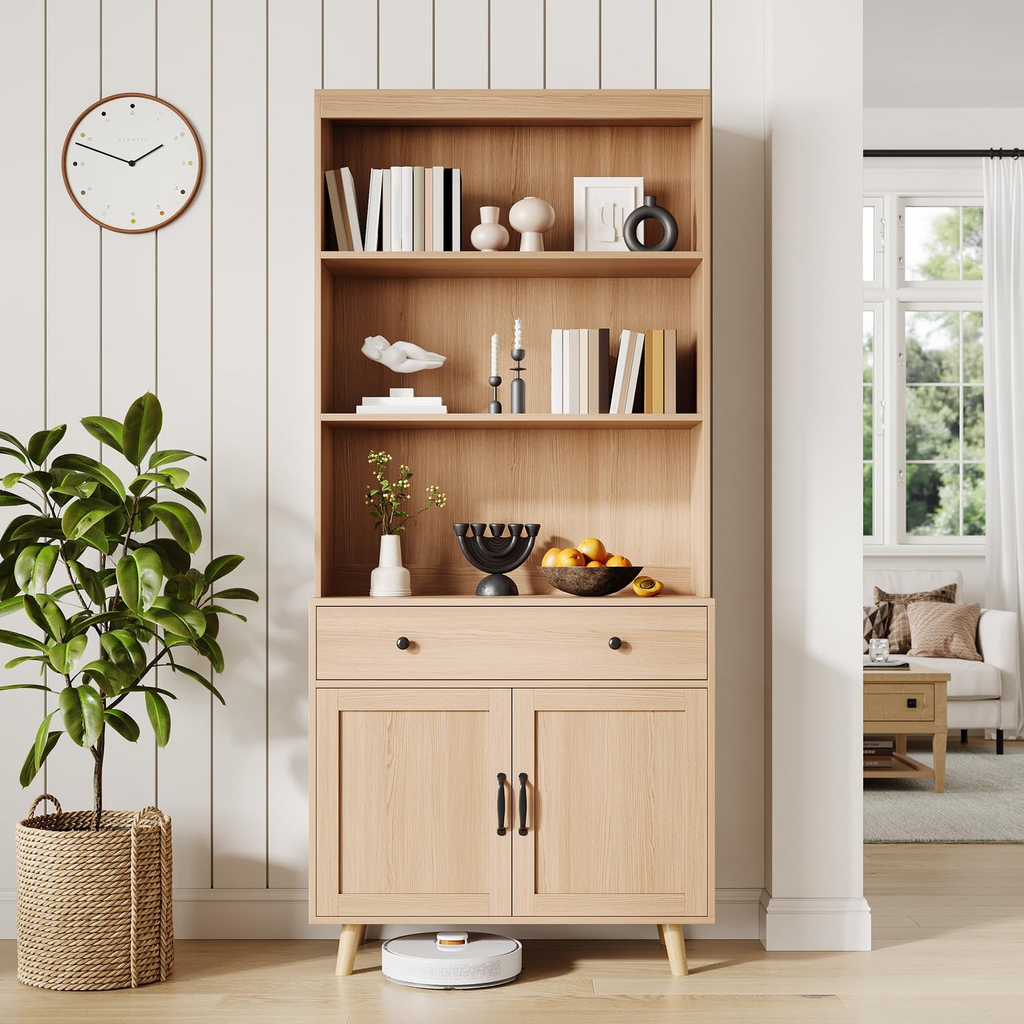 IDEALHOUSE 72.4" Tall Bookcase with Doors, 6-Tier Bookshelf with Door, Freestanding Display Cabinet with Drawer, for Home Office Kitchen Living Room