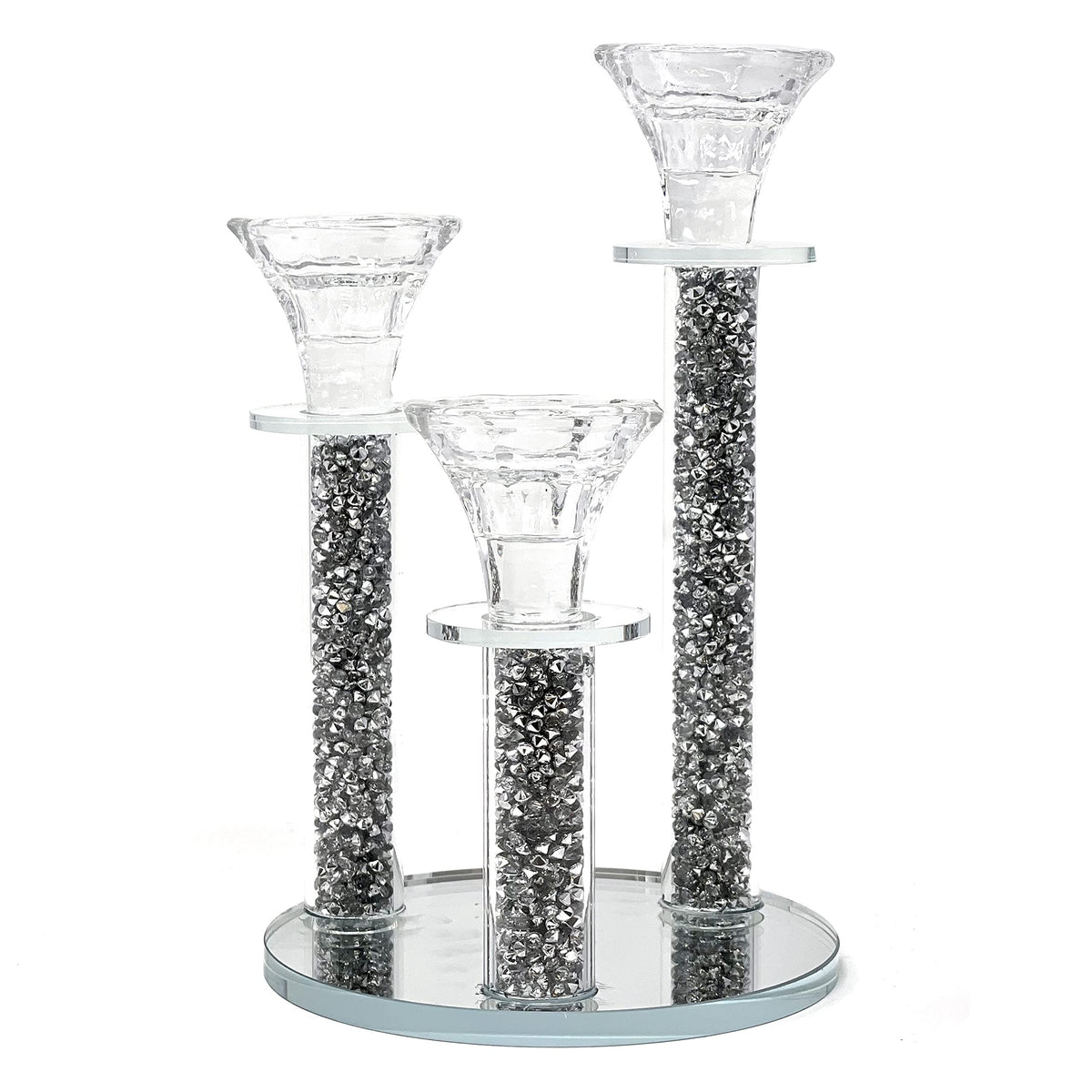 Allgala 9 Inch Tall 3-Pillar Filled with Diamond Like Stone Filled Crystal Candlesticks with Mirror Base-Silver-HD89124