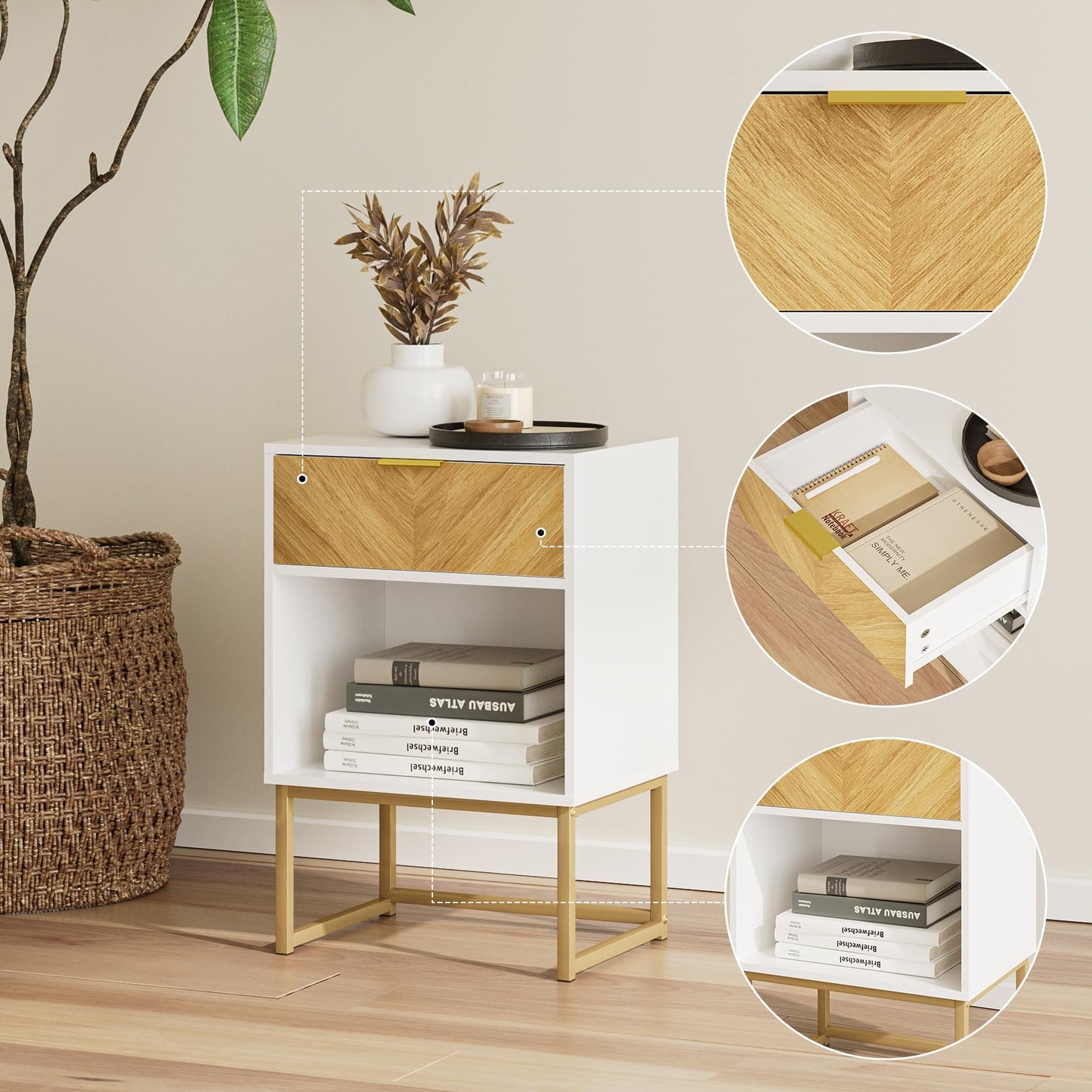 Masupu Night Stand,Bed Side Table Modern Nightstand Boho Wood with Storage Drawer Side End Table for Bedroom,Living Room,Office,White