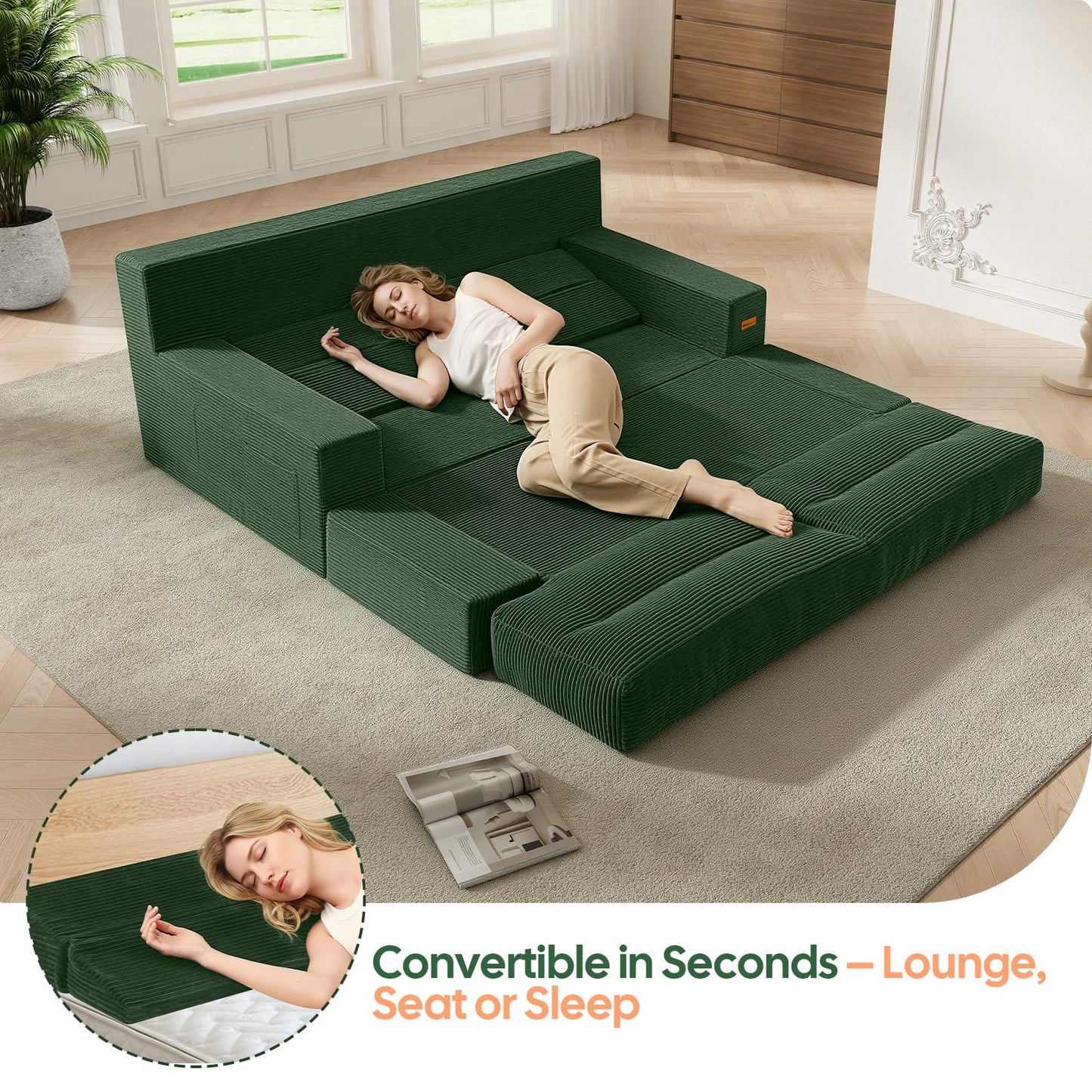 MeMoreCool Queen Sofa Bed, 4-in-1 Pull Out Couch Bed with Wedge Pillow, Boneless Futon Sleeper Loveseat, No Assembly Folding Sofa for Living Room Guest Room, Green Corduroy