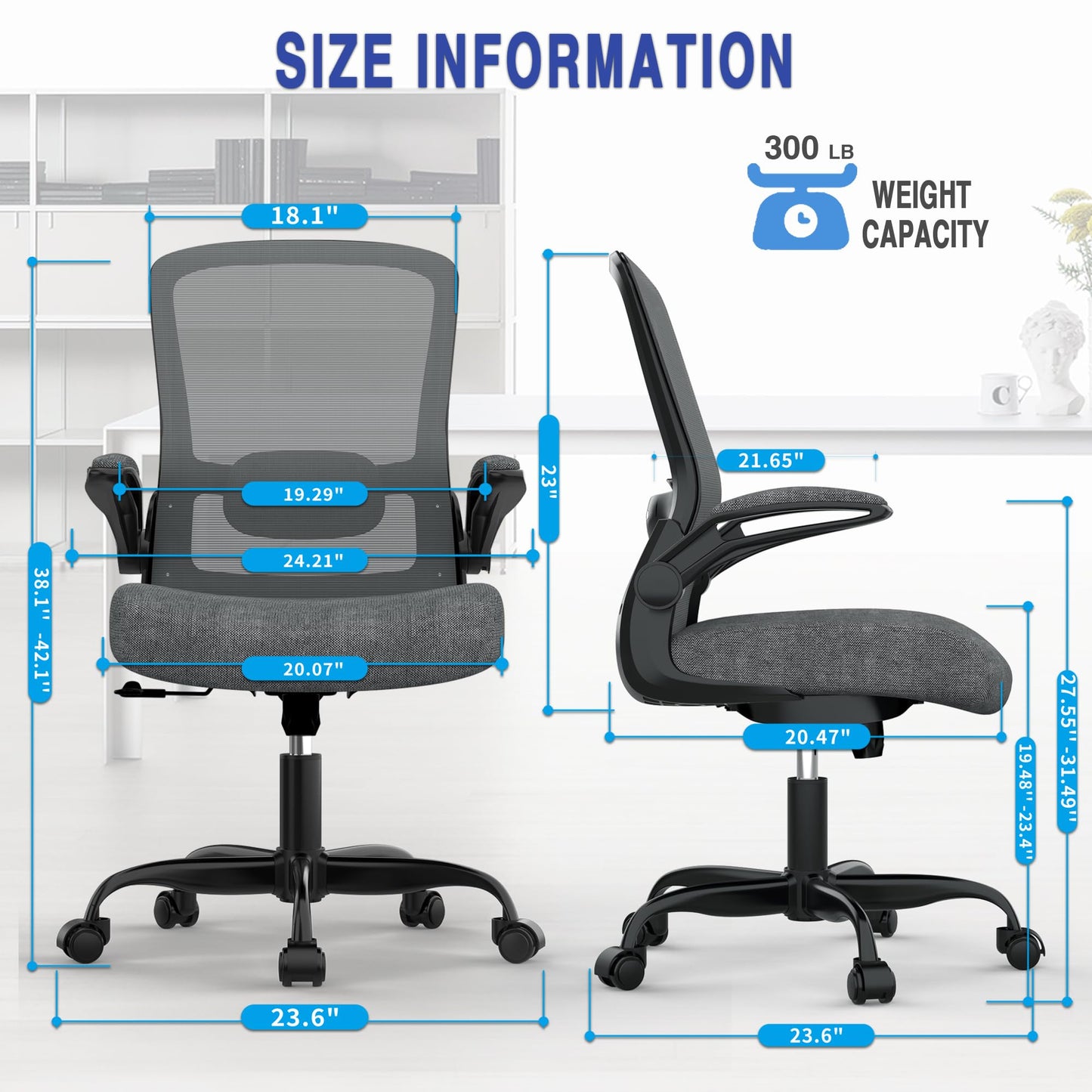Mimoglad Ergonomic Office Chair - Desk Chair with Flip-up Armrests & 135° Recline, Adjustable Lumbar Support - Space-Saving Task Chair for Business/Team Office & Home (Iron Gray, 300lbs)